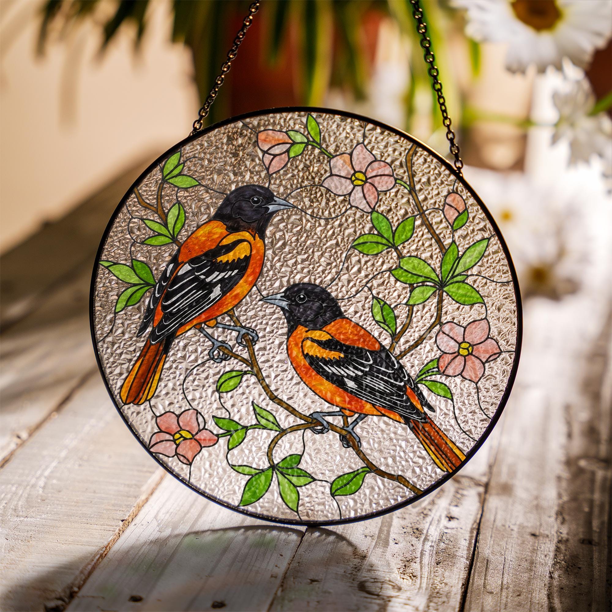 Baltimore Orioles and Trailing Flowering Vines Glass Suncatcher – Glass Window Hanging Gift for Bird Lovers, Garden and Nature Decor