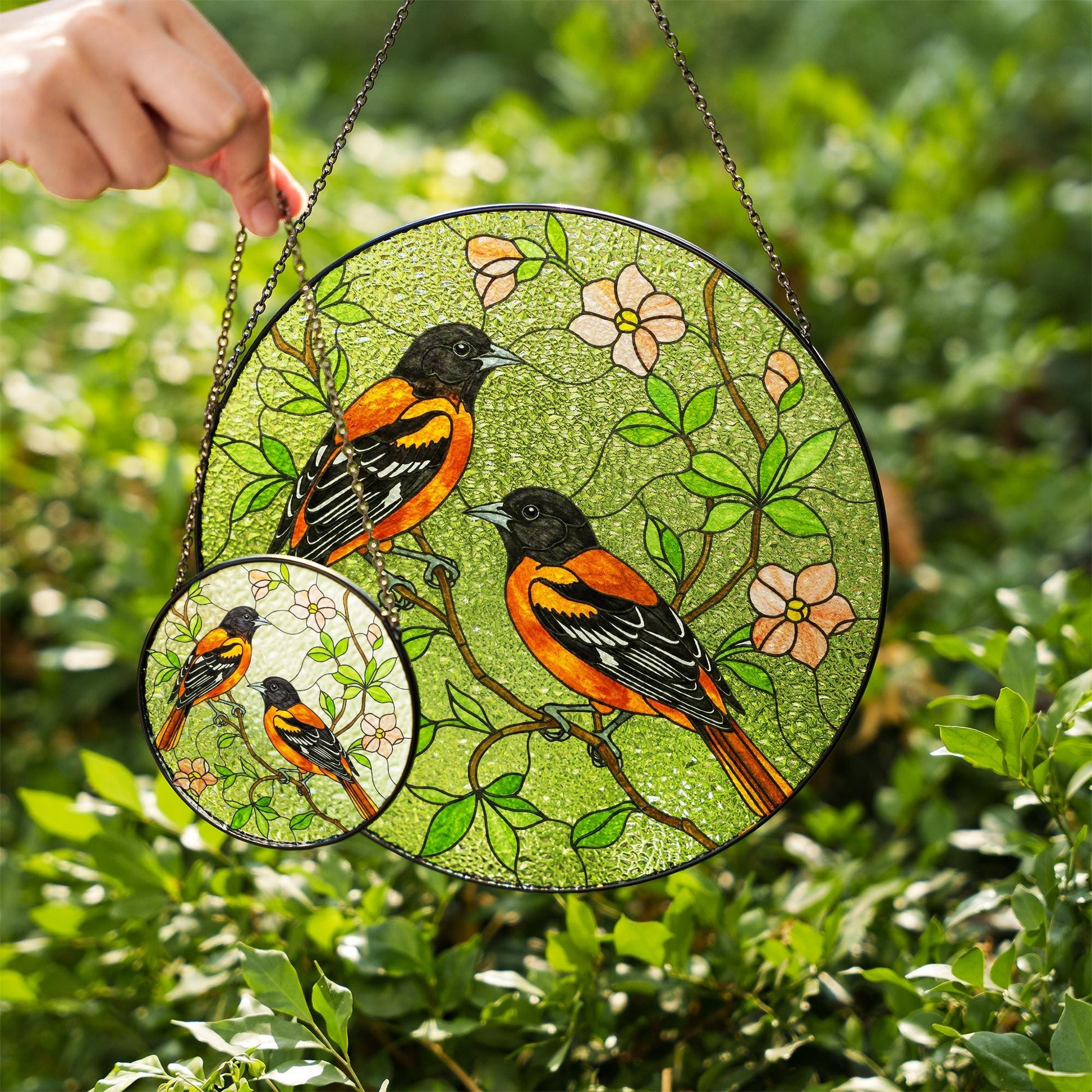 Baltimore Orioles and Trailing Flowering Vines Glass Suncatcher – Glass Window Hanging Gift for Bird Lovers, Garden and Nature Decor