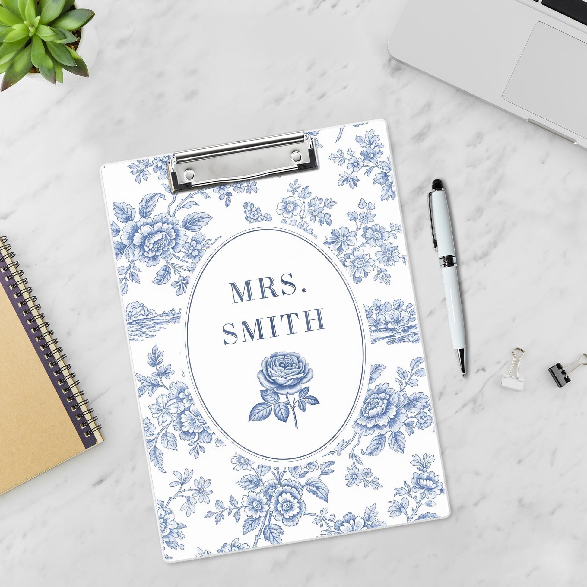 Personalized Chinoiserie Teacher Clipboard – Custom Name Elegant Vintage Toile Design, Gift for Teachers, Office, or Classroom Use