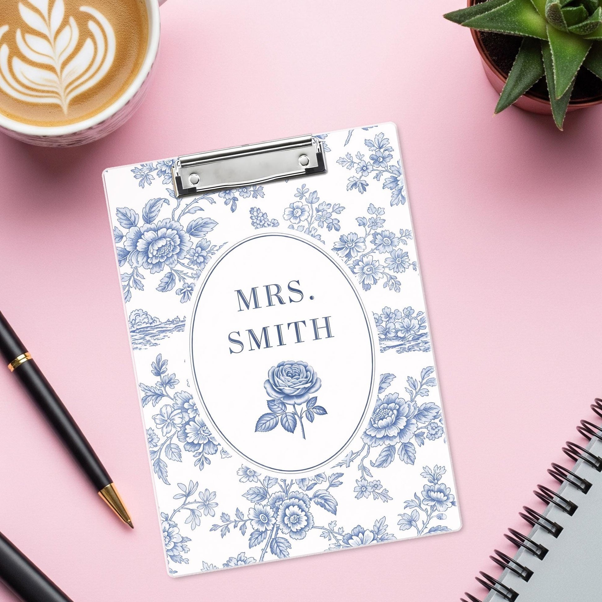 Personalized Chinoiserie Teacher Clipboard – Custom Name Elegant Vintage Toile Design, Gift for Teachers, Office, or Classroom Use