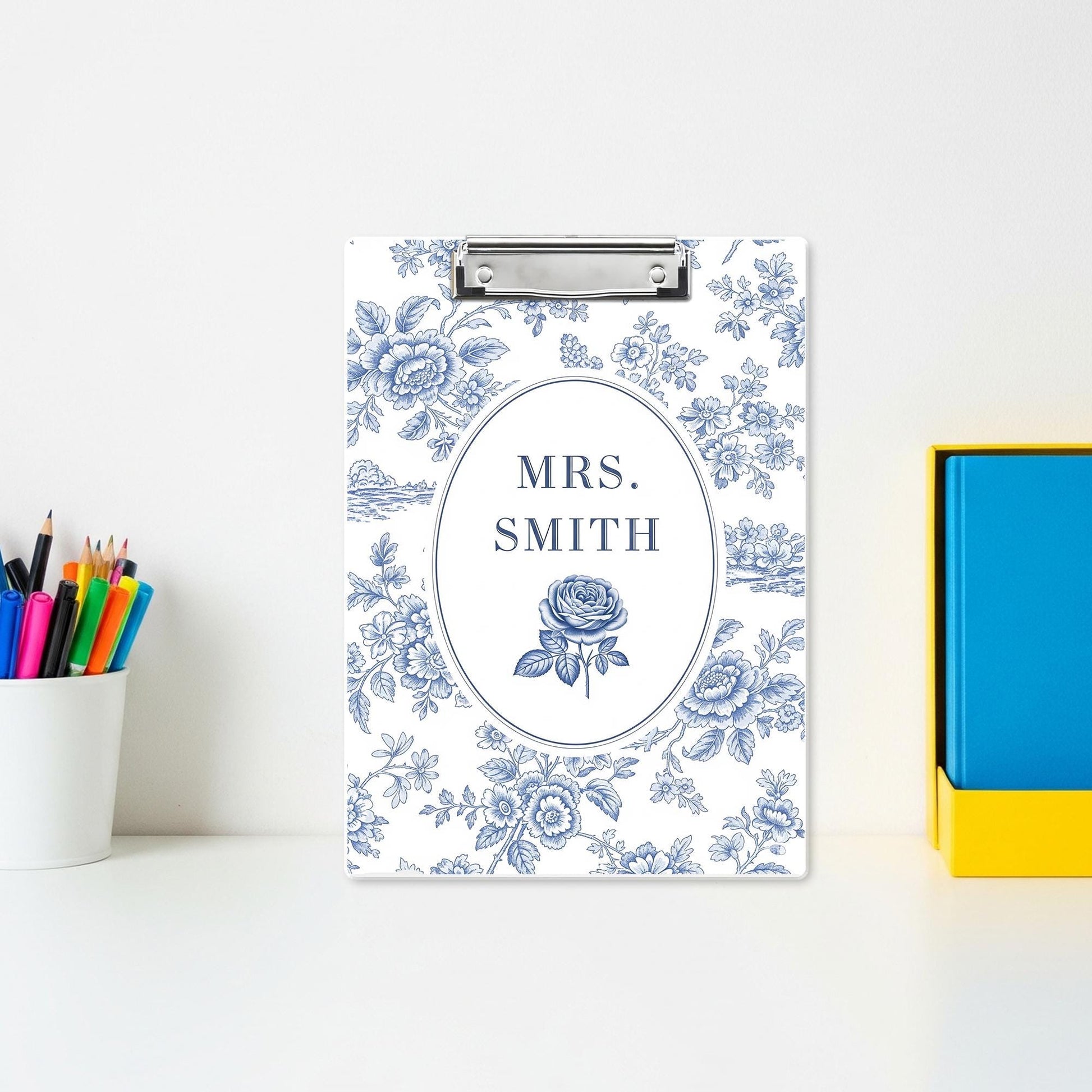 Personalized Chinoiserie Teacher Clipboard – Custom Name Elegant Vintage Toile Design, Gift for Teachers, Office, or Classroom Use
