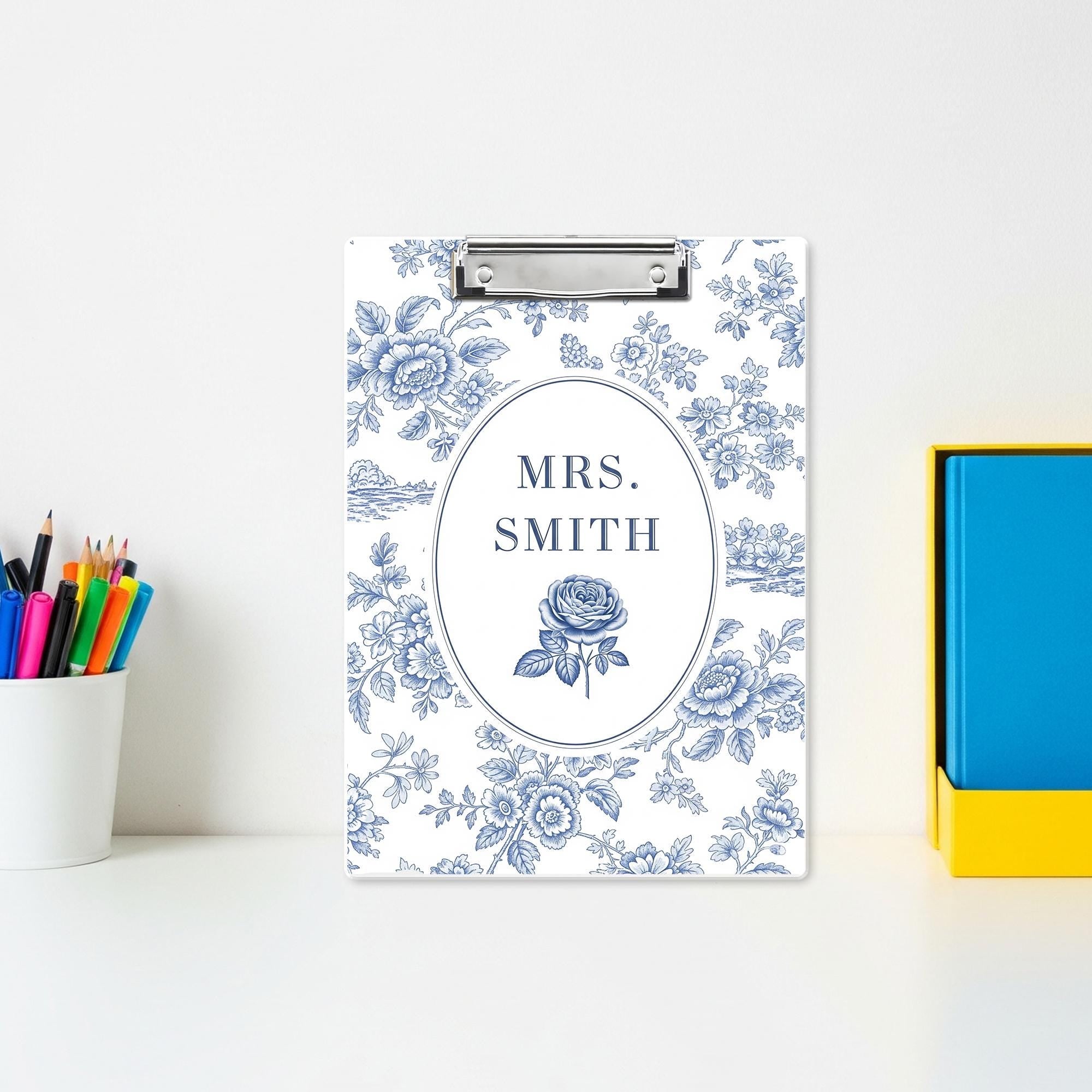 Personalized Chinoiserie Teacher Clipboard – Custom Name Elegant Vintage Toile Design, Gift for Teachers, Office, or Classroom Use