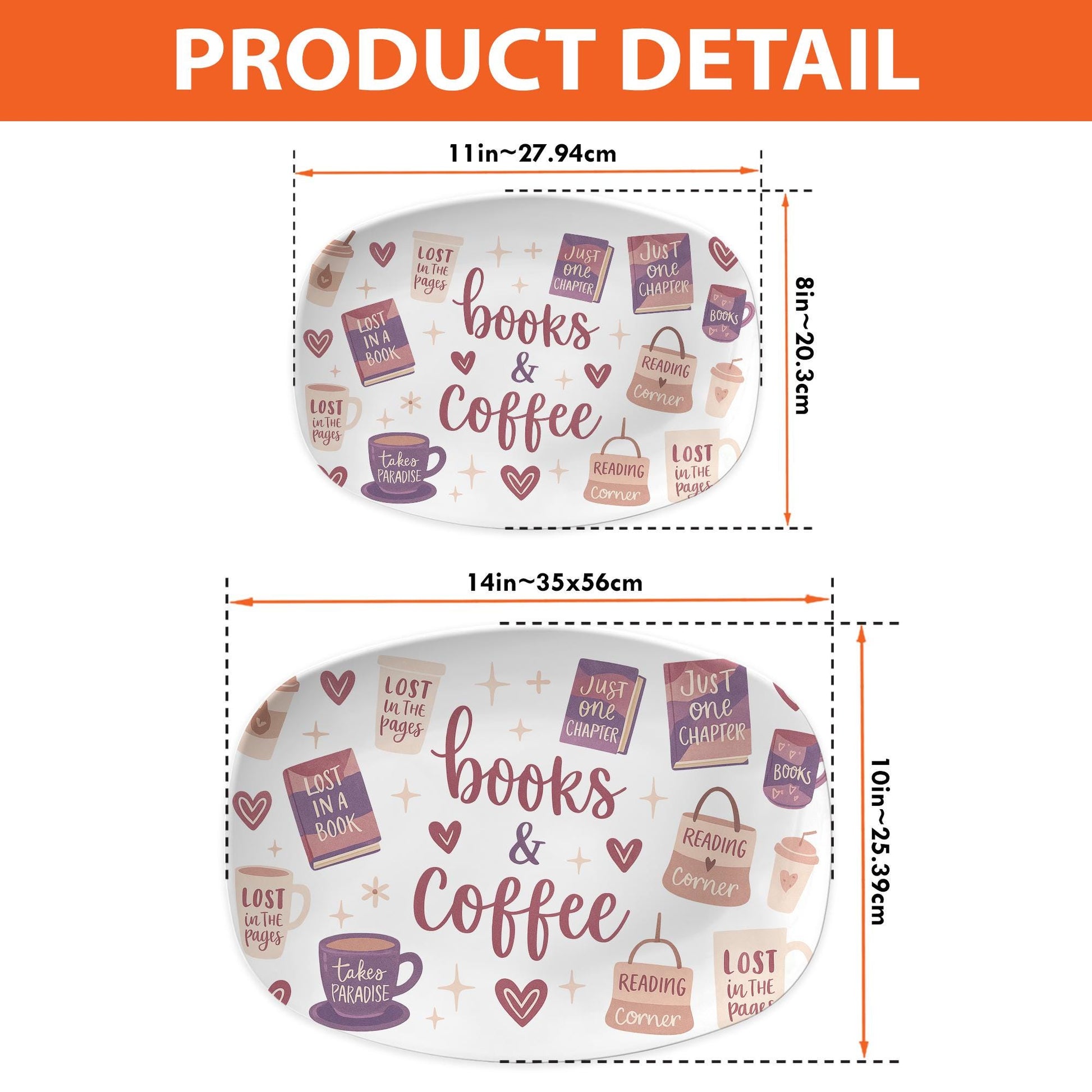 Books and Coffee Platter – Cozy Book Lover Ceramic Tray, Reading Corner Gift, Cute Literary Decor for Coffee Table or Bookish Kitchen
