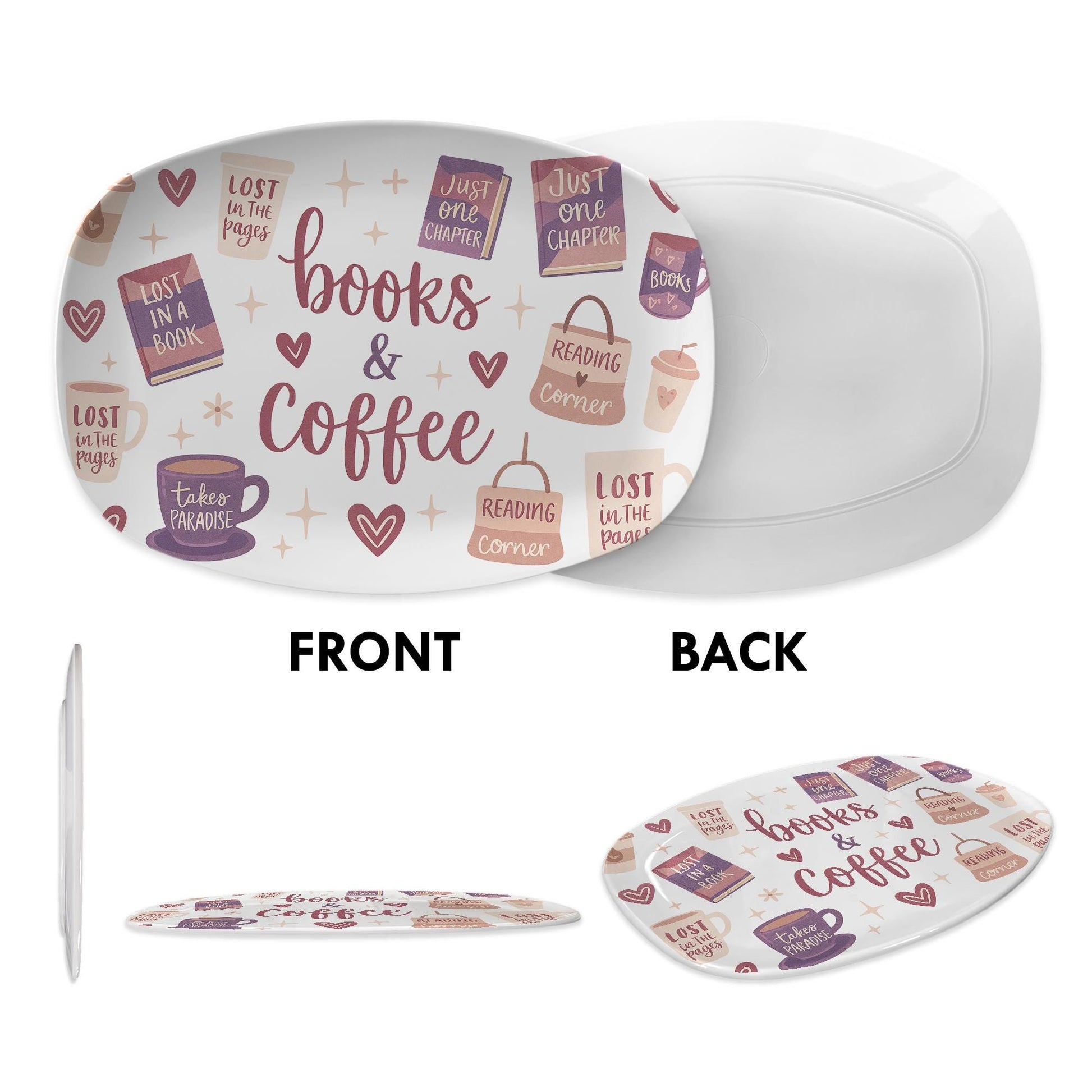 Books and Coffee Platter – Cozy Book Lover Ceramic Tray, Reading Corner Gift, Cute Literary Decor for Coffee Table or Bookish Kitchen