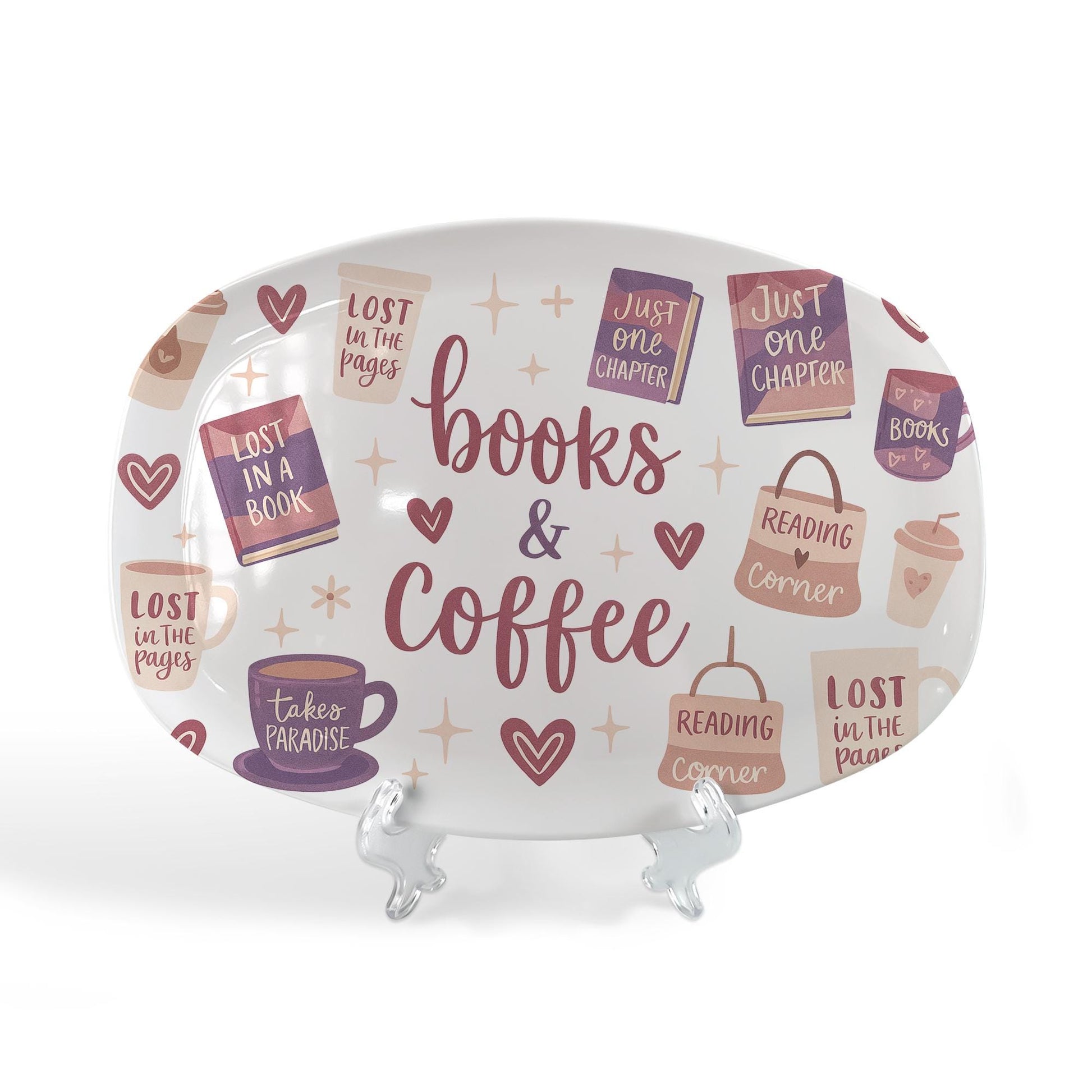 Books and Coffee Platter – Cozy Book Lover Ceramic Tray, Reading Corner Gift, Cute Literary Decor for Coffee Table or Bookish Kitchen