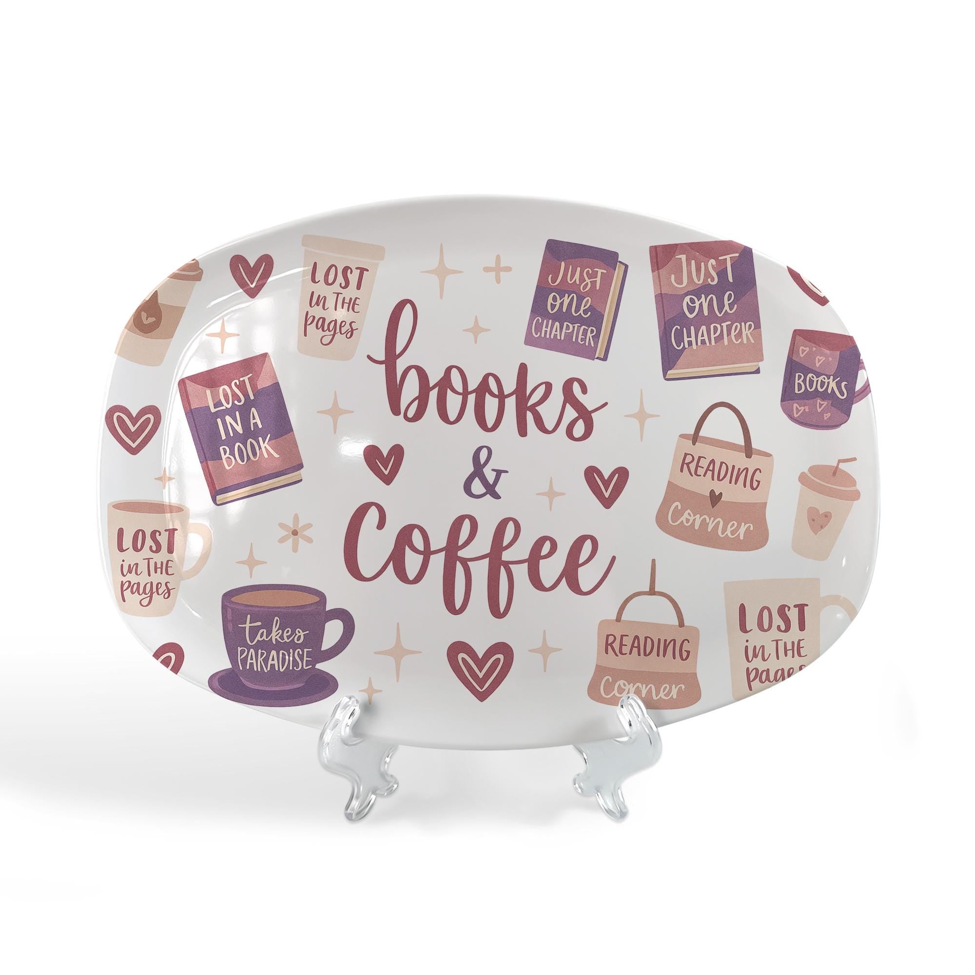 Books and Coffee Platter – Cozy Book Lover Ceramic Tray, Reading Corner Gift, Cute Literary Decor for Coffee Table or Bookish Kitchen