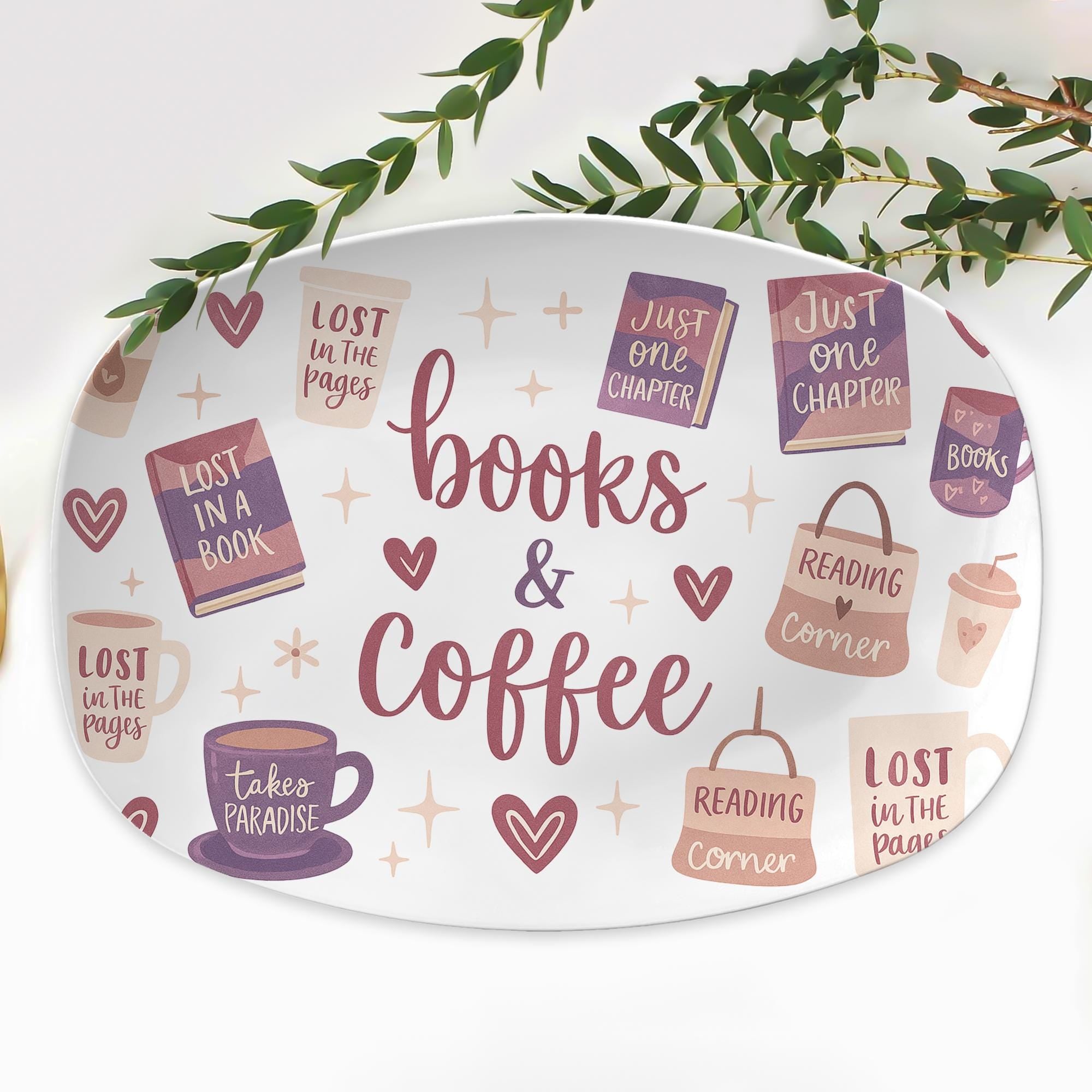 Books and Coffee Platter – Cozy Book Lover Ceramic Tray, Reading Corner Gift, Cute Literary Decor for Coffee Table or Bookish Kitchen