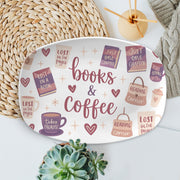Books and Coffee Platter – Cozy Book Lover Ceramic Tray, Reading Corner Gift, Cute Literary Decor for Coffee Table or Bookish Kitchen