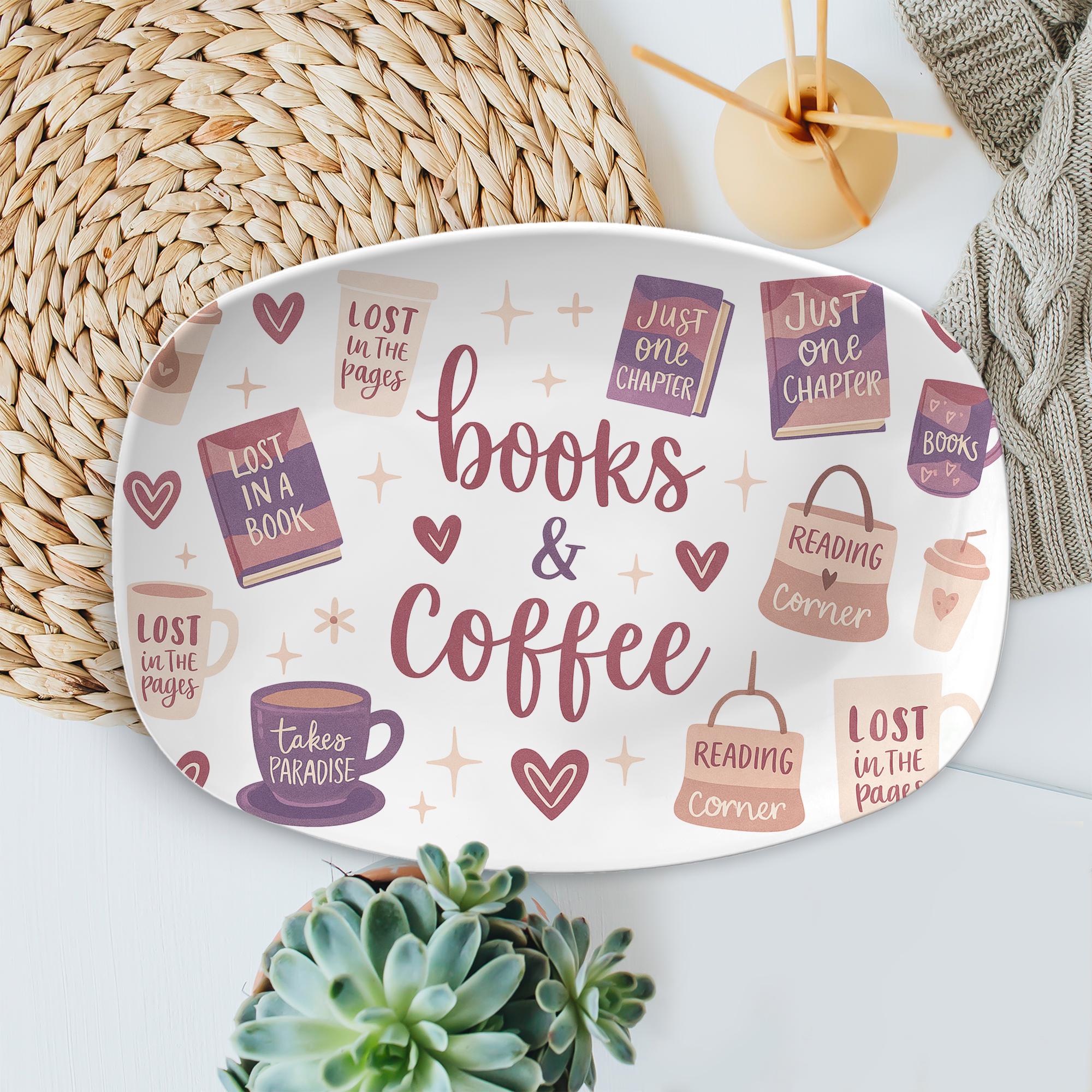 Books and Coffee Platter – Cozy Book Lover Ceramic Tray, Reading Corner Gift, Cute Literary Decor for Coffee Table or Bookish Kitchen