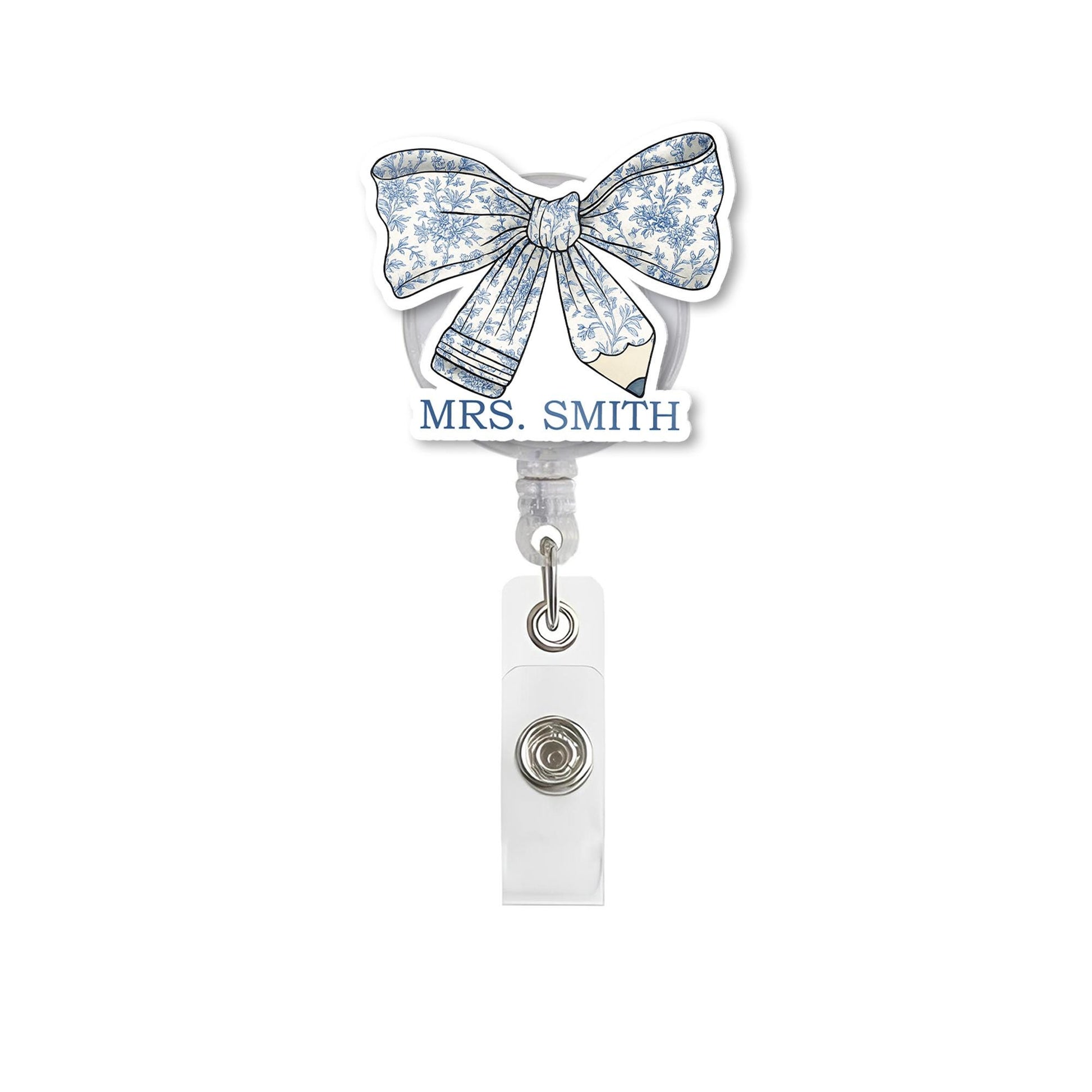 Personalized Teacher Chinoiserie Coquette Bow Badge Reel, Teacher Pen Chinoiserie ID Holder for Teachers, Nurses, Office Staff, Floral Clip