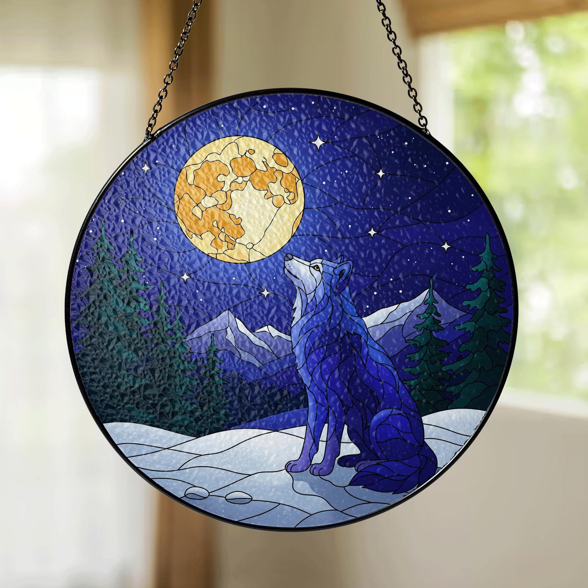 Howling Wolf Glass Suncatcher – Moonlit Forest Stained Glass Window Decor – Wilderness Animal Art Gift for Nature & Wolf Lovers