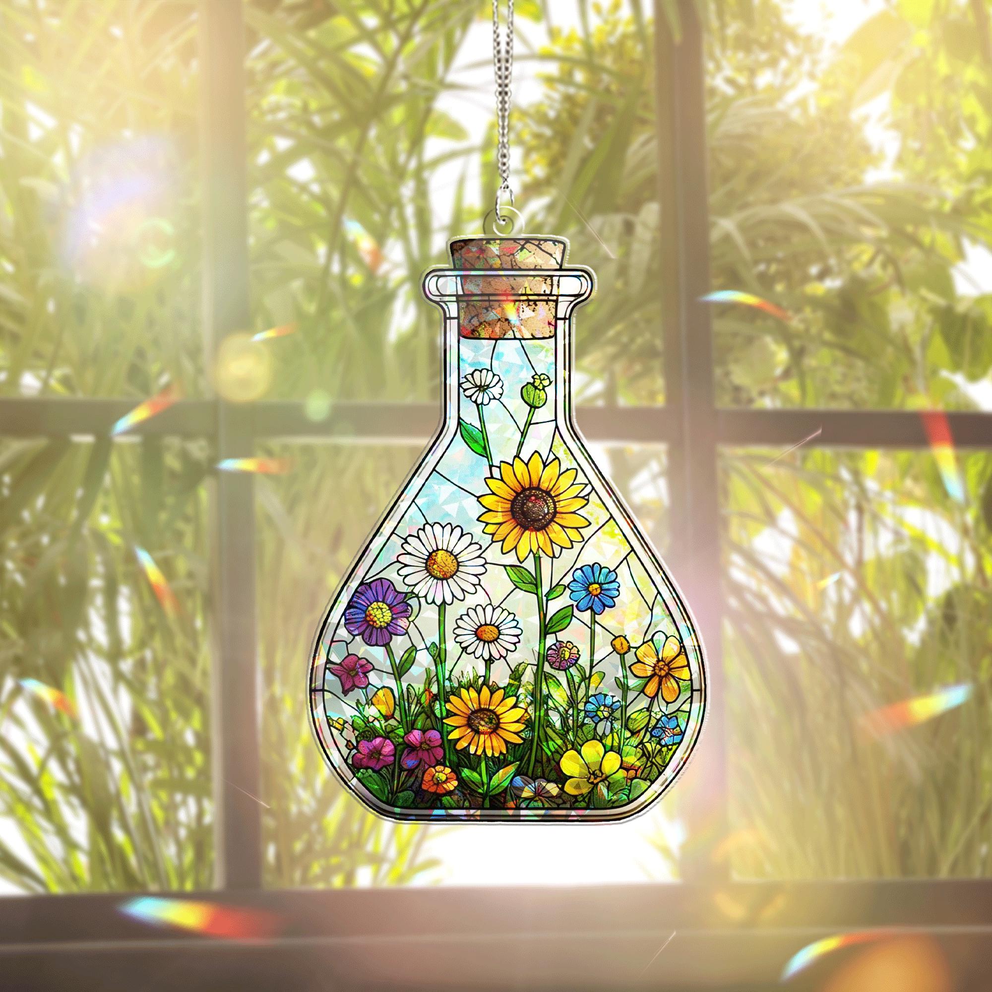 Flower Potion Bottle Hologram Acrylic Window Hanging – Nature Lovers, Gardeners, and Boho Home Decor, Science Window Hanging, Lab Decor