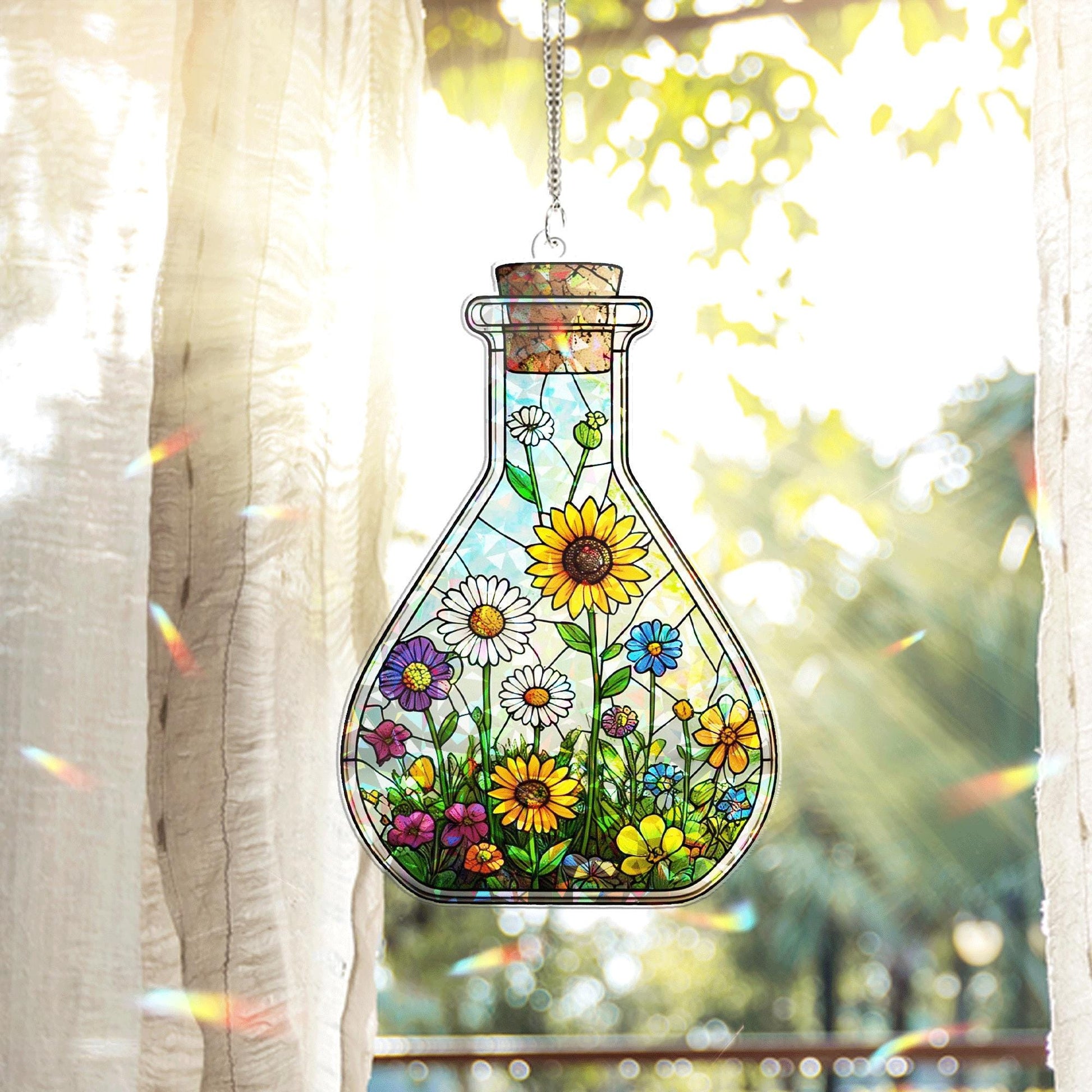 Flower Potion Bottle Hologram Acrylic Window Hanging – Nature Lovers, Gardeners, and Boho Home Decor, Science Window Hanging, Lab Decor