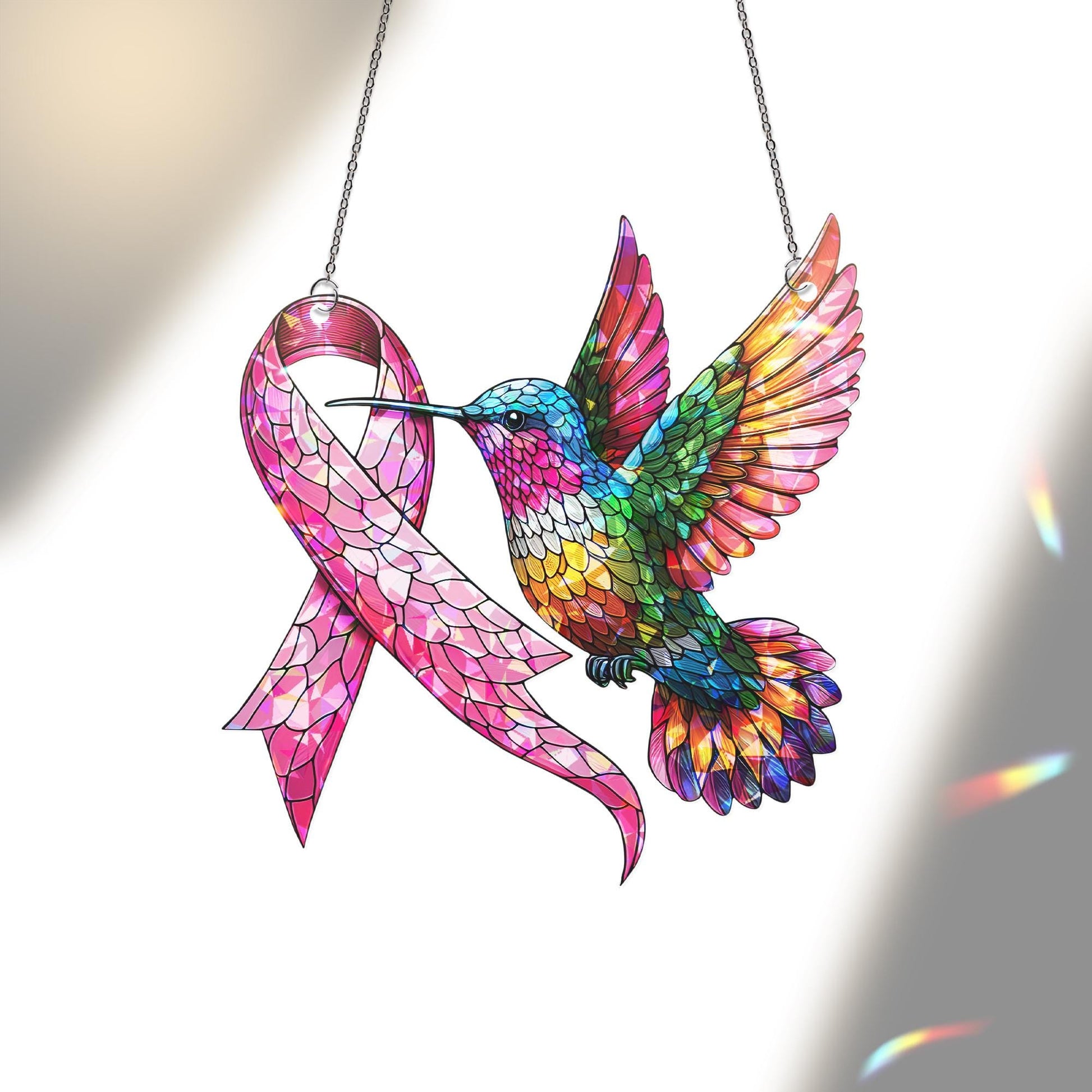 Breast Cancer Awareness Hummingbird Suncatcher – Pink Ribbon Holographic Acrylic Window Decor, Survivor Gift, Inspirational Sun Catcher