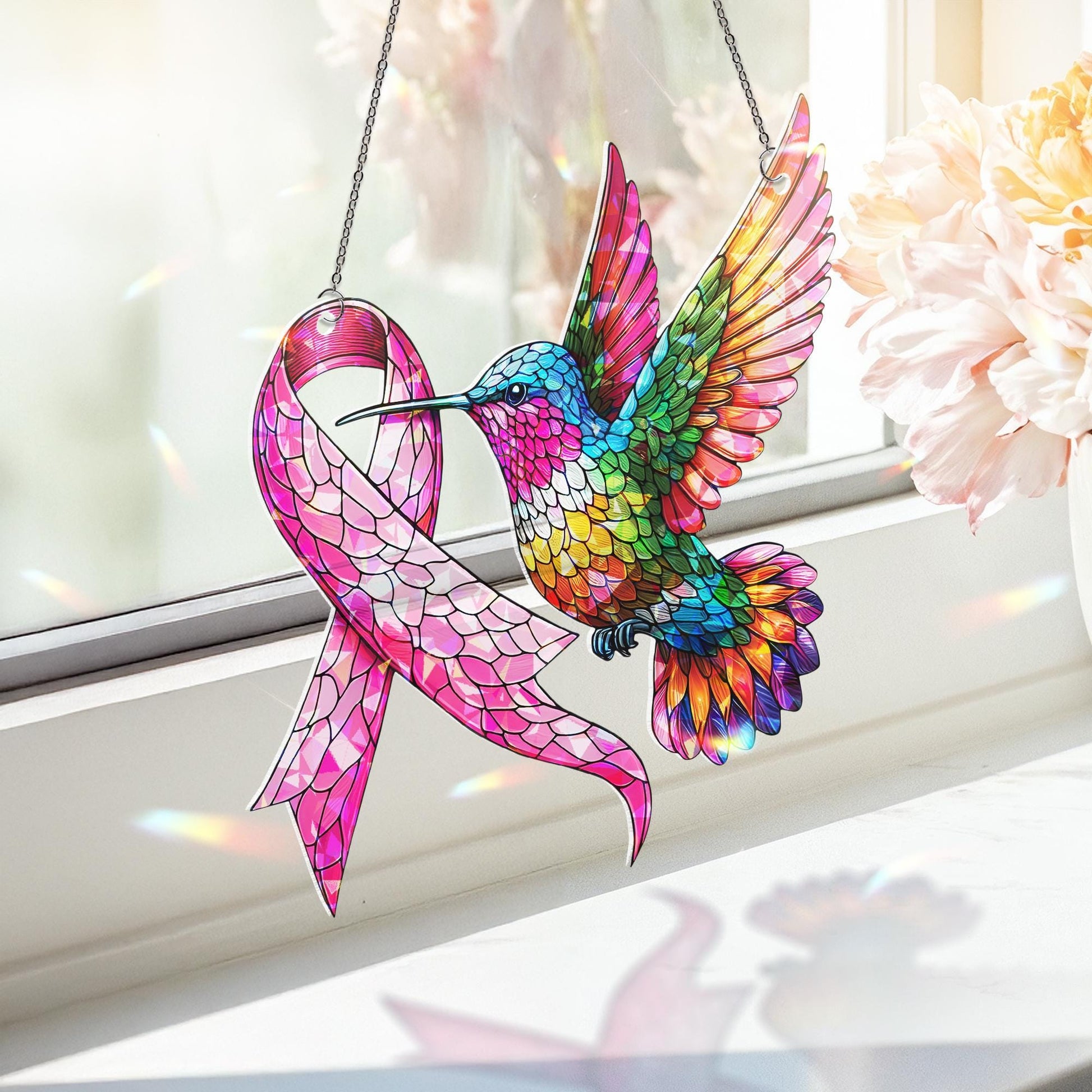 Breast Cancer Awareness Hummingbird Suncatcher – Pink Ribbon Holographic Acrylic Window Decor, Survivor Gift, Inspirational Sun Catcher