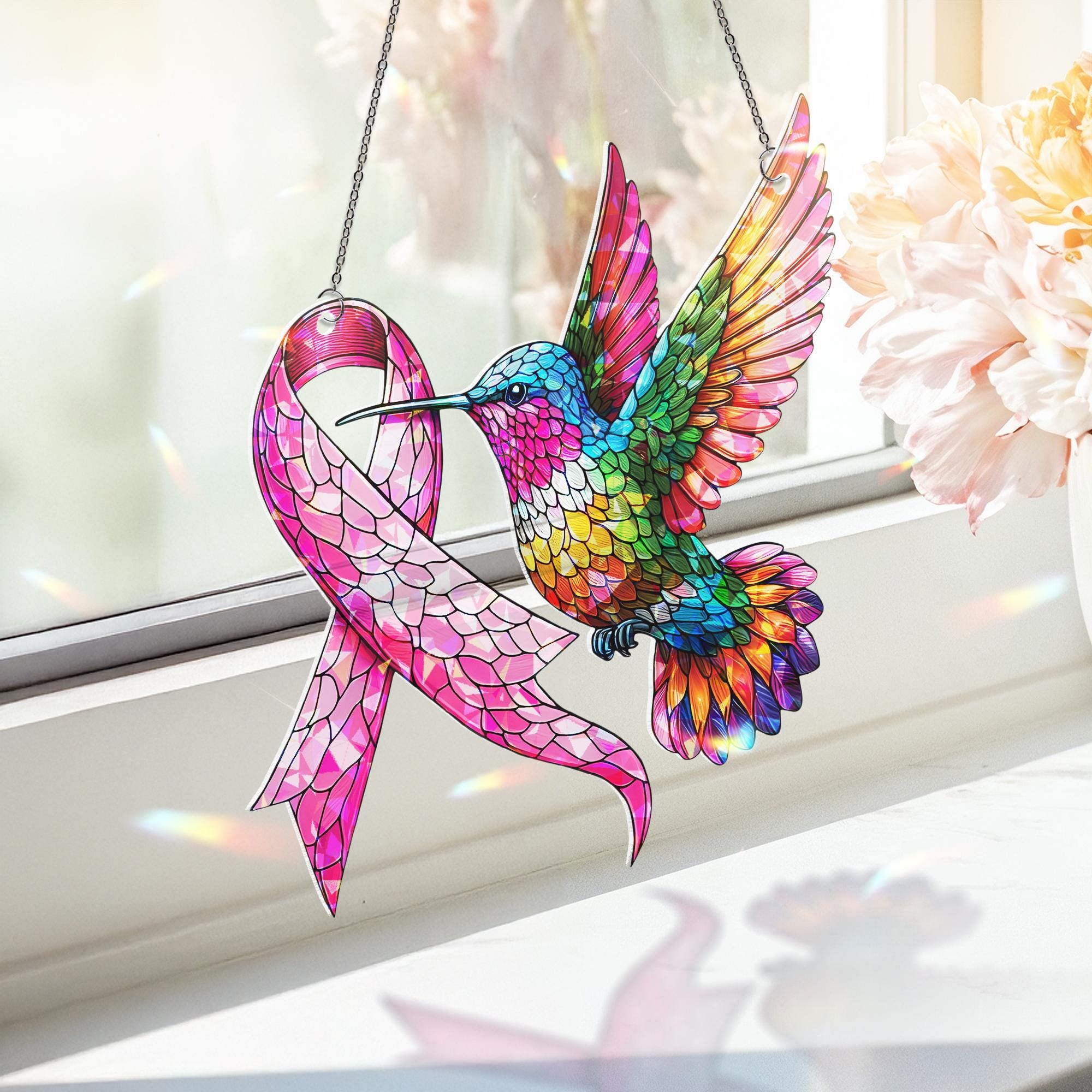 Breast Cancer Awareness Hummingbird Suncatcher – Pink Ribbon Holographic Acrylic Window Decor, Survivor Gift, Inspirational Sun Catcher