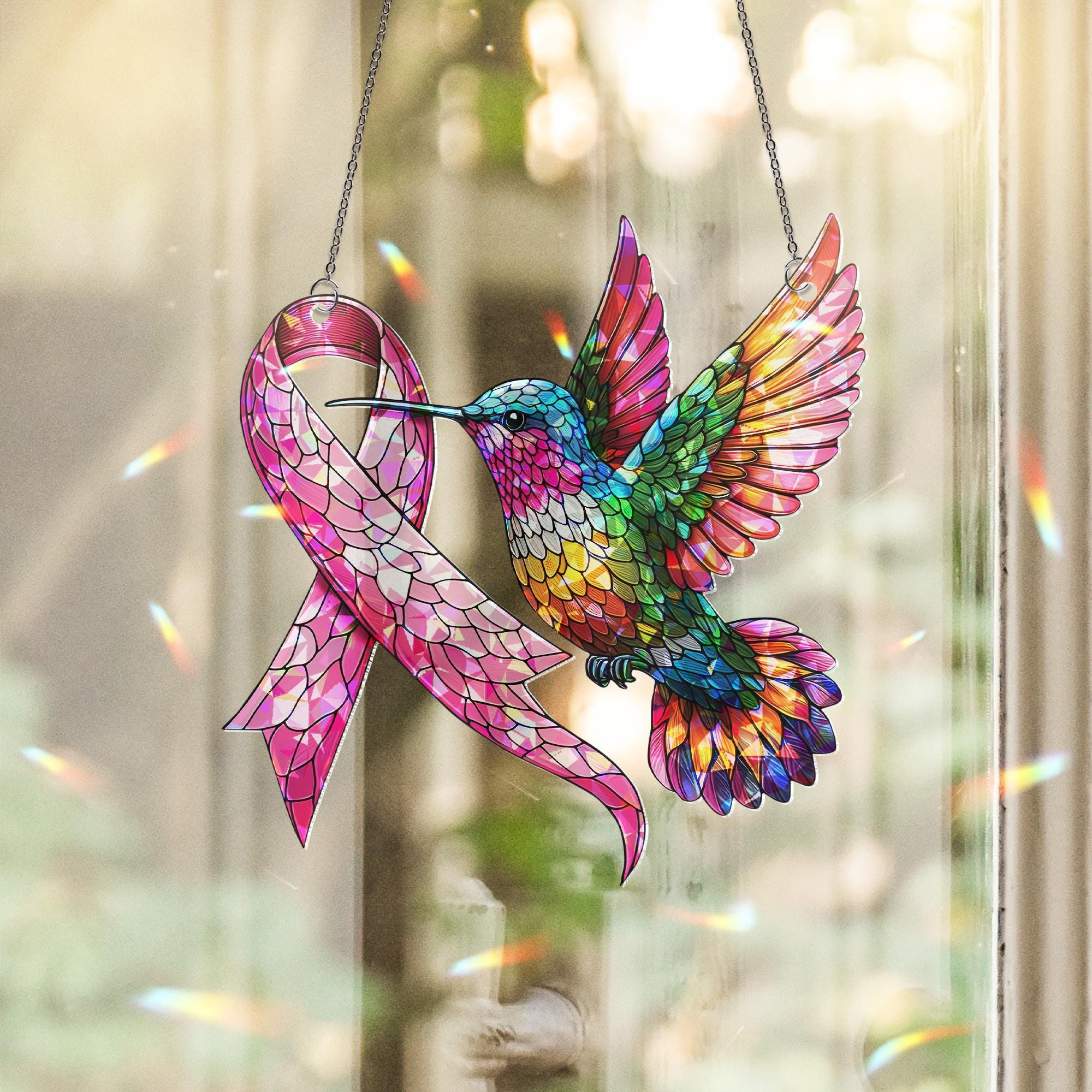 Breast Cancer Awareness Hummingbird Suncatcher – Pink Ribbon Holographic Acrylic Window Decor, Survivor Gift, Inspirational Sun Catcher