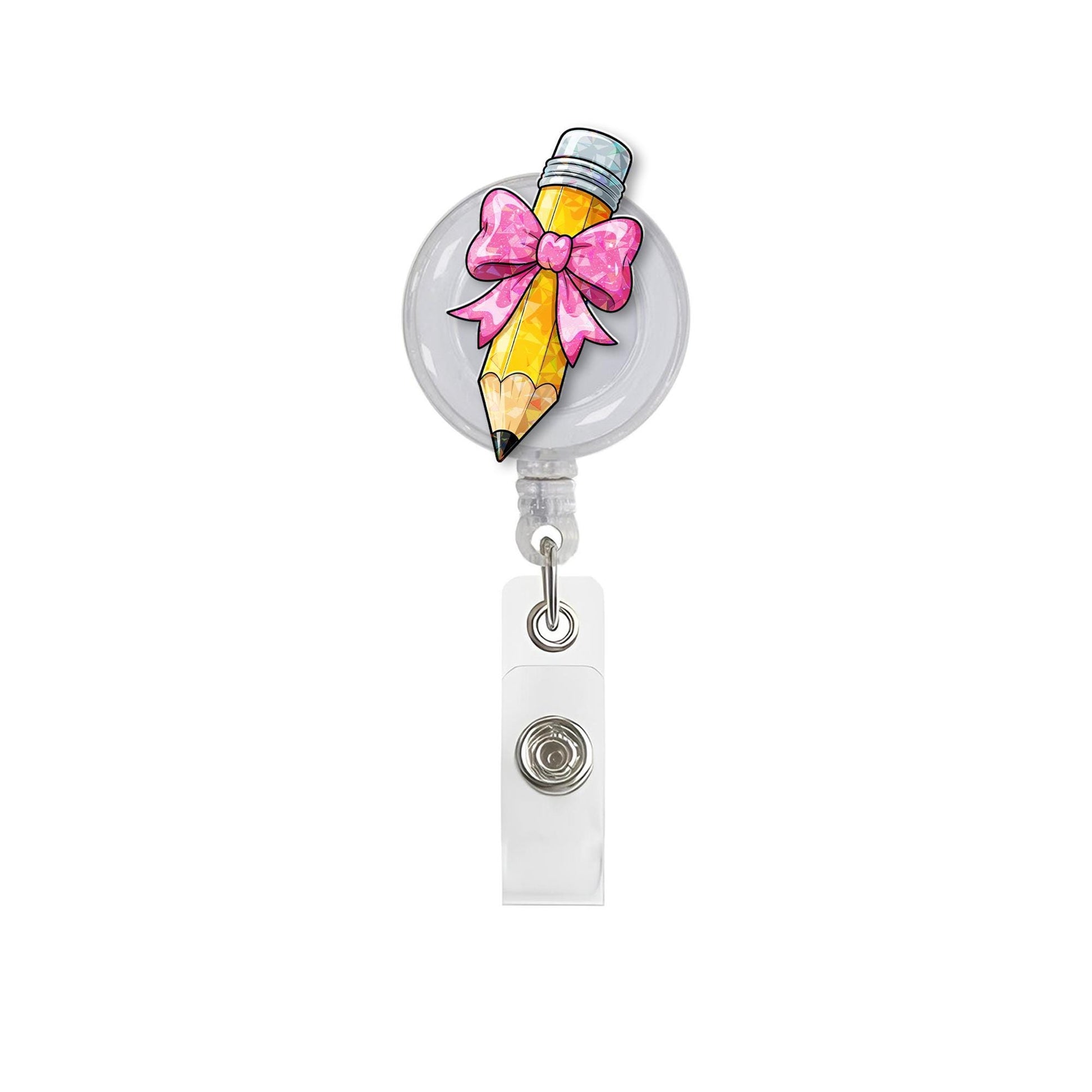 Cute Pencil Badge Reel – Teacher Retractable ID Holder with Pink Bow, Back to School Accessory, Gift for Educators & Staff