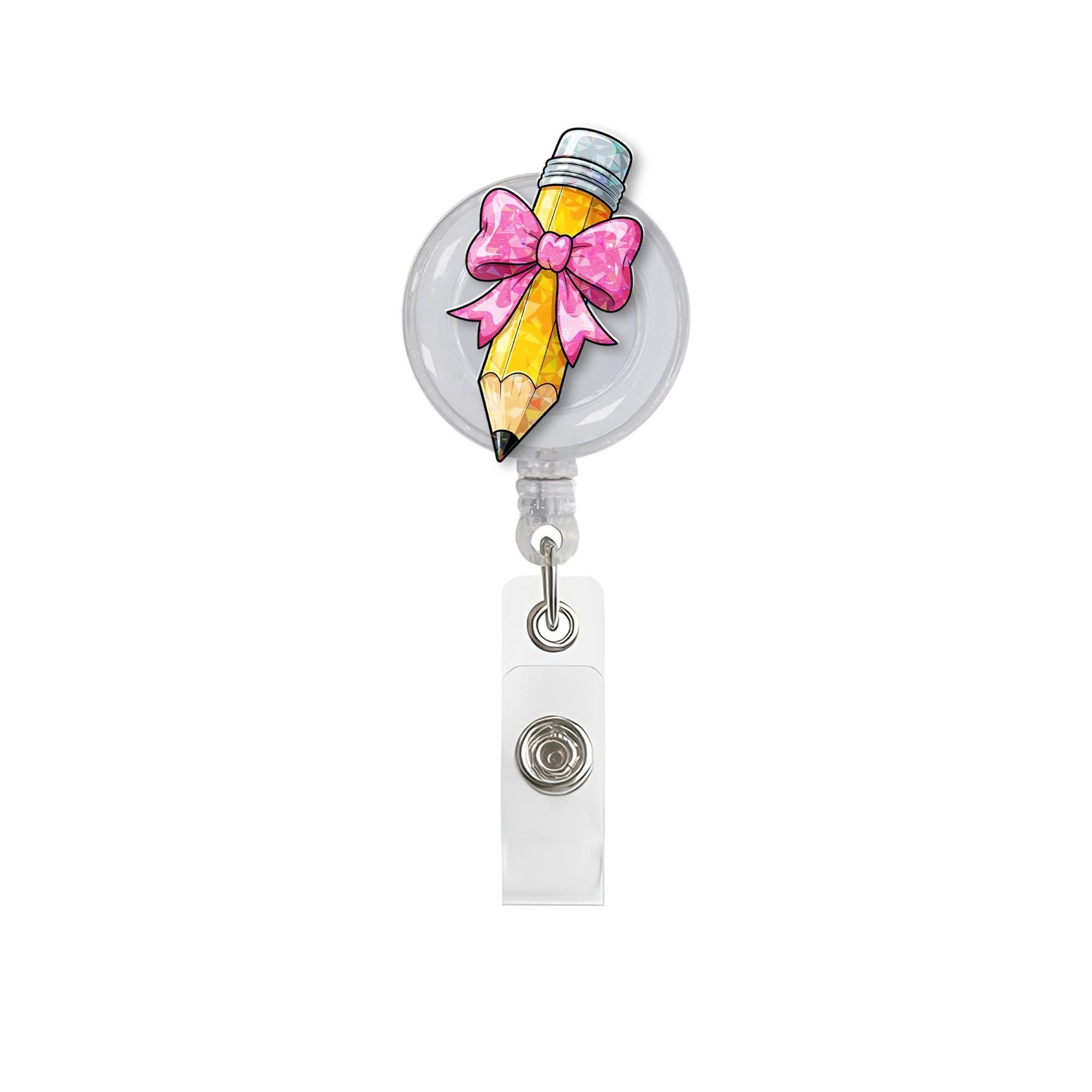 Cute Pencil Badge Reel – Teacher Retractable ID Holder with Pink Bow, Back to School Accessory, Gift for Educators & Staff