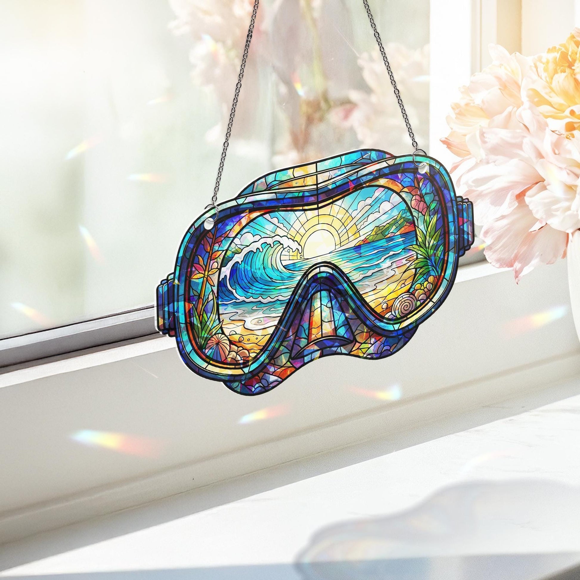 Beach Diving Goggles Ornament – Holographic Broken Glass Ocean Suncatcher – Scuba Snorkel Sea Decor – Coastal Window Hanging