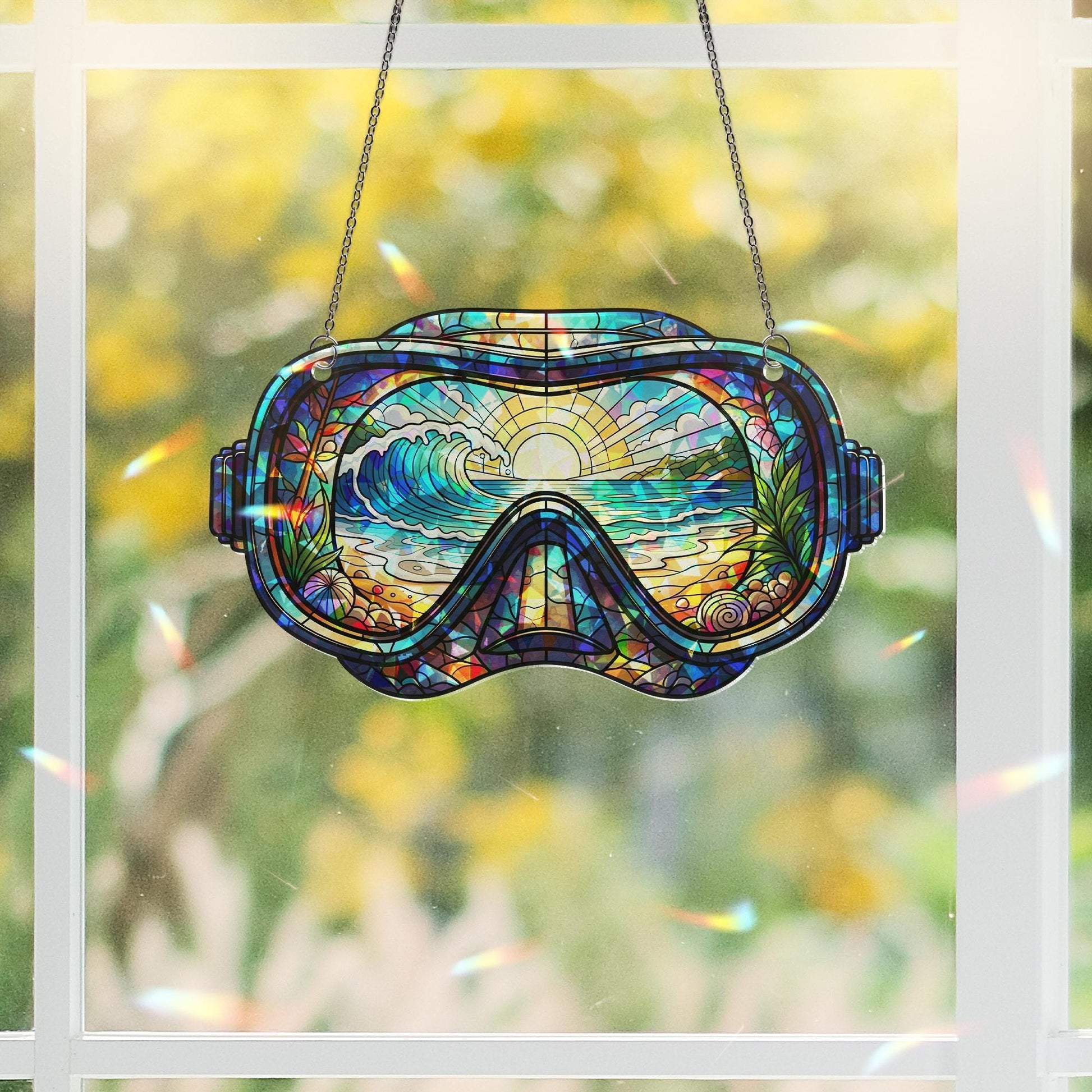 Beach Diving Goggles Ornament – Holographic Broken Glass Ocean Suncatcher – Scuba Snorkel Sea Decor – Coastal Window Hanging