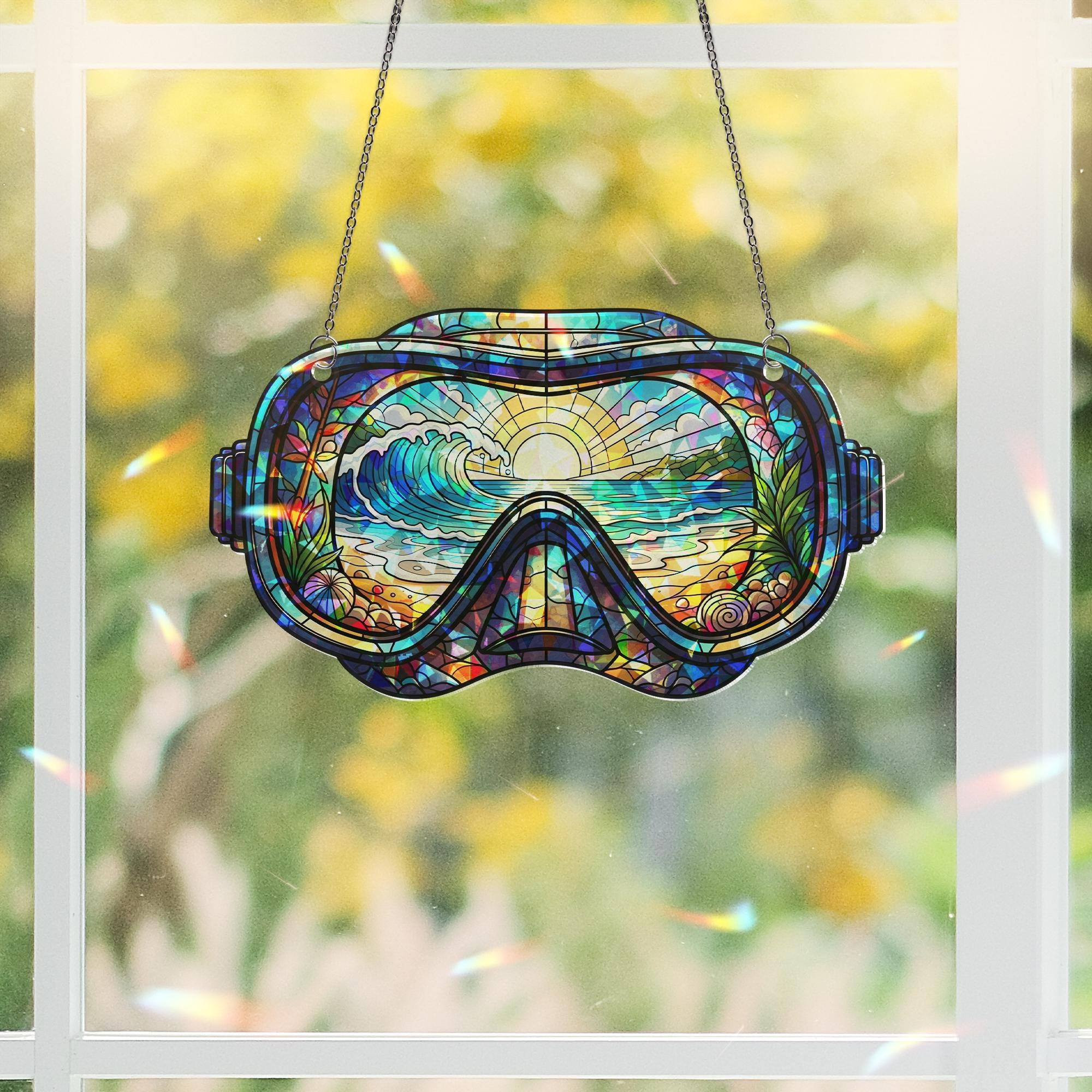 Beach Diving Goggles Ornament – Holographic Broken Glass Ocean Suncatcher – Scuba Snorkel Sea Decor – Coastal Window Hanging