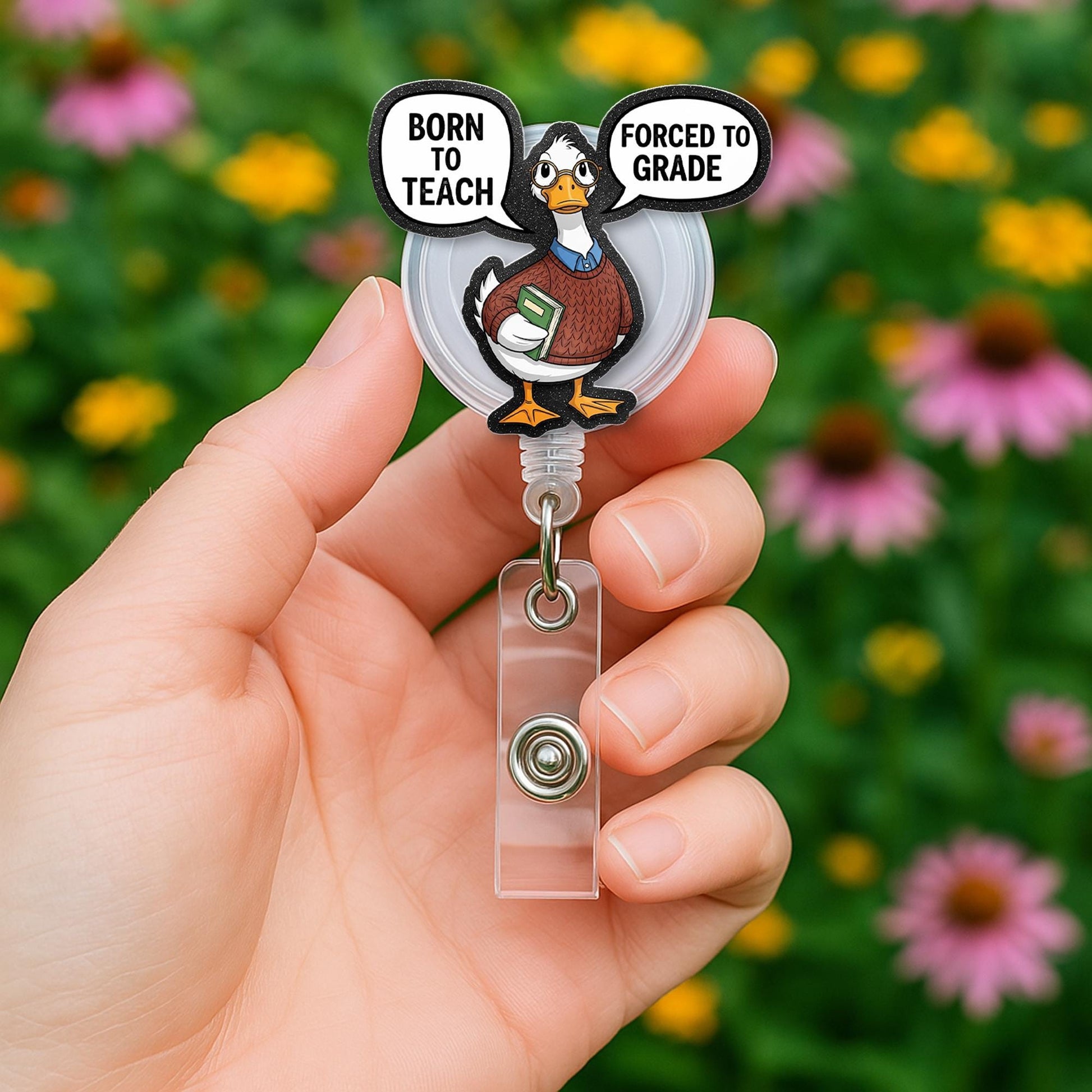 Born to Teach Forced to Grade Badge Reel – Funny Teacher ID Holder with Goose, Cute Retractable Clip for Educators & School Staff