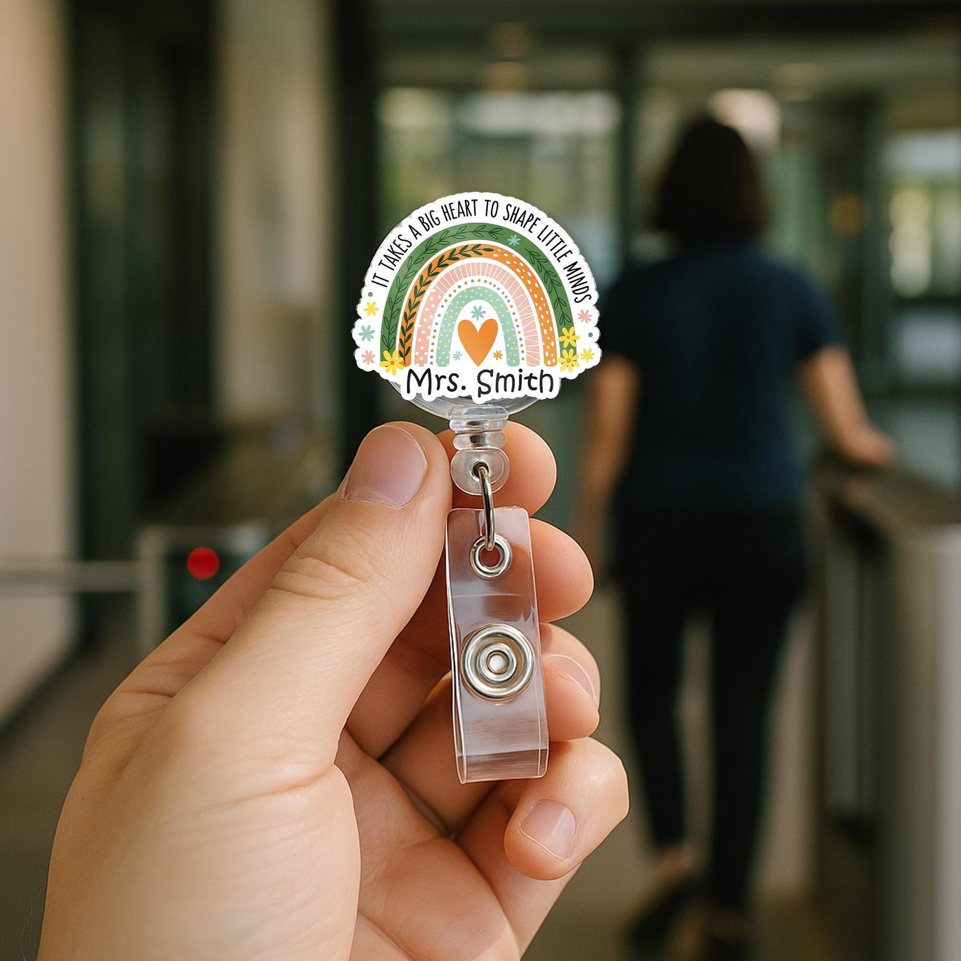 Personalized Teacher Badge Reel – “It Takes a Big Heart to Shape Little Minds” Rainbow ID Clip, Custom Gift for Preschool & Kinder Staff