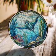 Ocean Manta Ray Glass Suncatcher – Underwater Coral Reef Window Hanging Decor – Sea Life Stained Glass Style Marine Art Panel