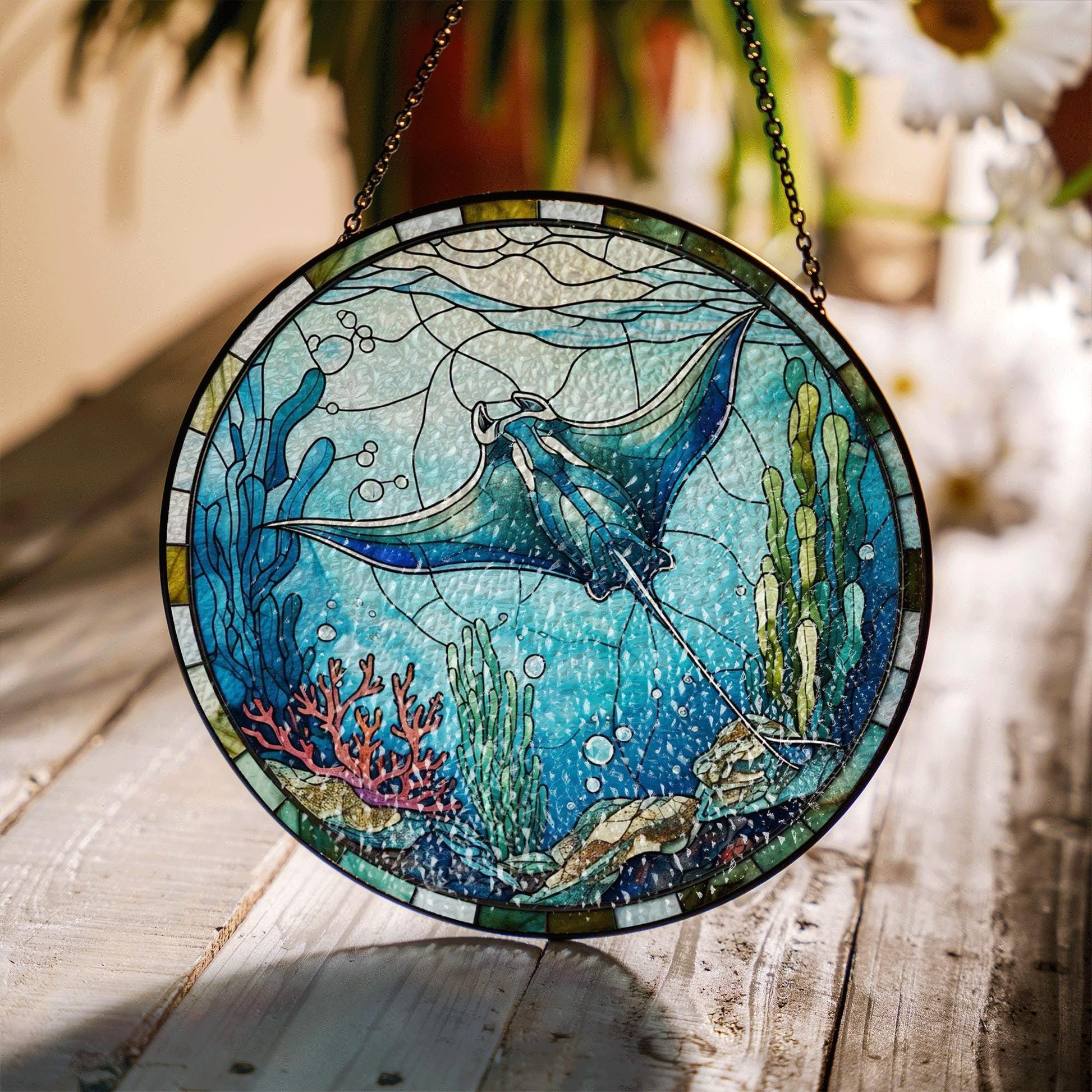 Ocean Manta Ray Glass Suncatcher – Underwater Coral Reef Window Hanging Decor – Sea Life Stained Glass Style Marine Art Panel