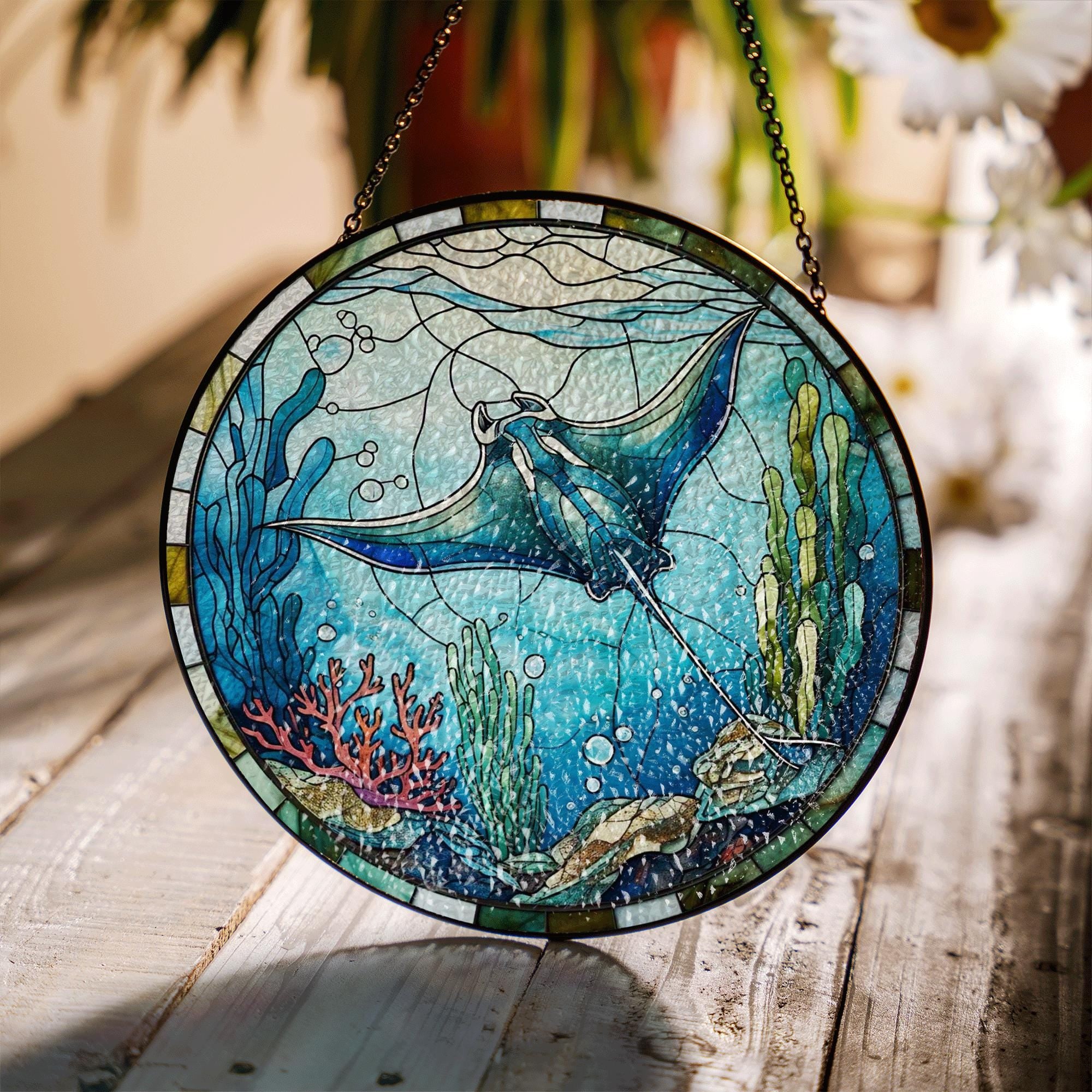 Ocean Manta Ray Glass Suncatcher – Underwater Coral Reef Window Hanging Decor – Sea Life Stained Glass Style Marine Art Panel