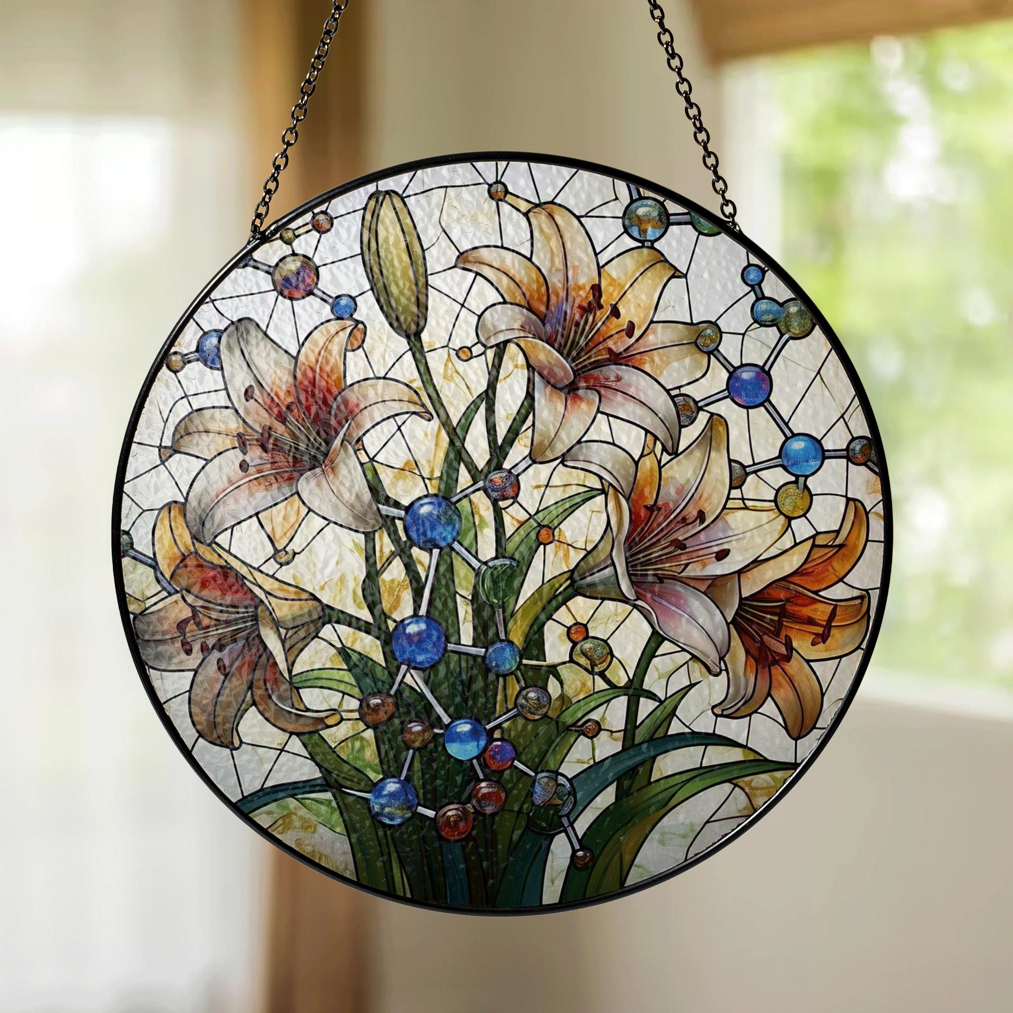 Lily Flower Glass Suncatcher – Handcrafted Floral Window Hanging, Elegant Botanical Decor for Garden Lovers & Gifts, Gift For Mom