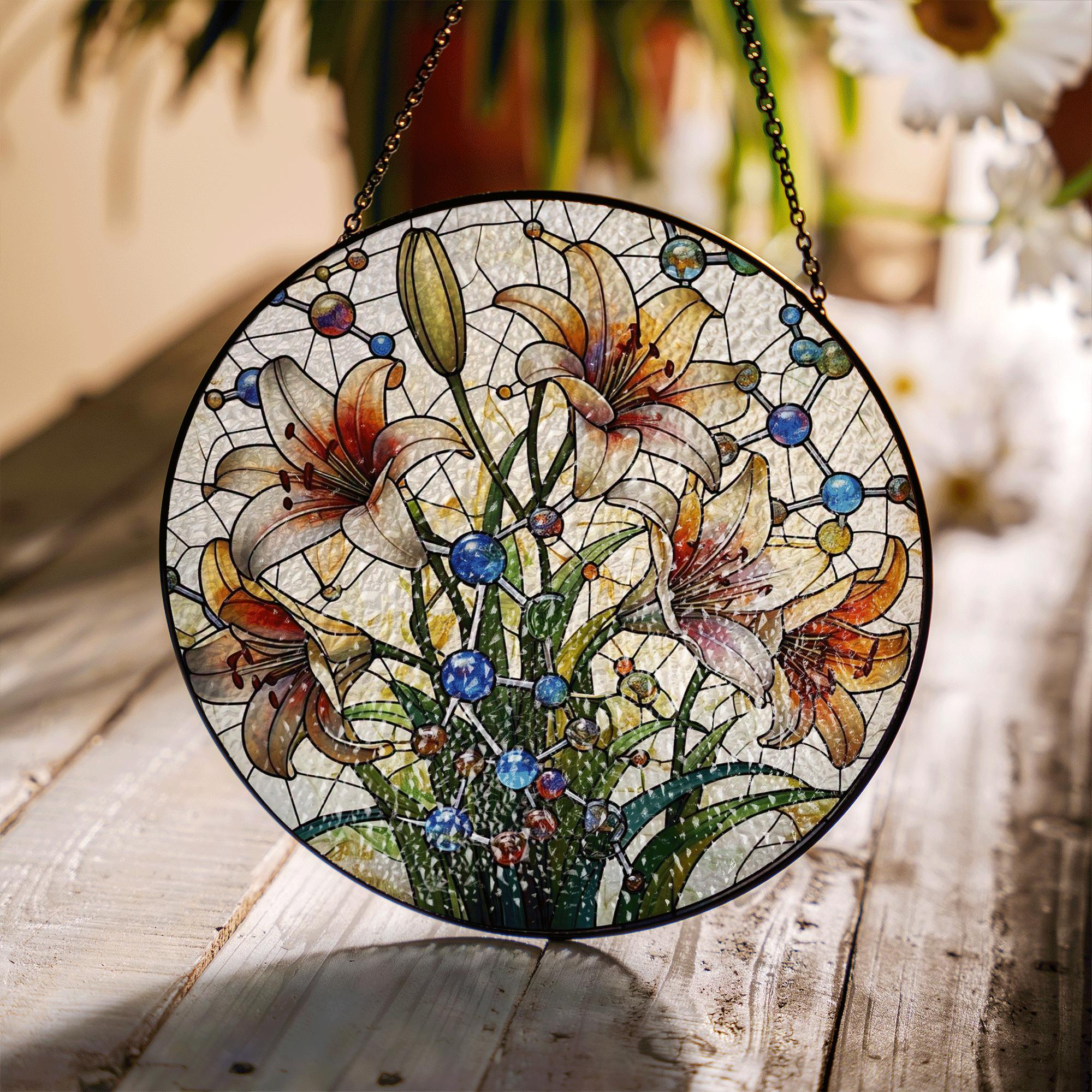 Lily Flower Glass Suncatcher – Handcrafted Floral Window Hanging, Elegant Botanical Decor for Garden Lovers & Gifts, Gift For Mom