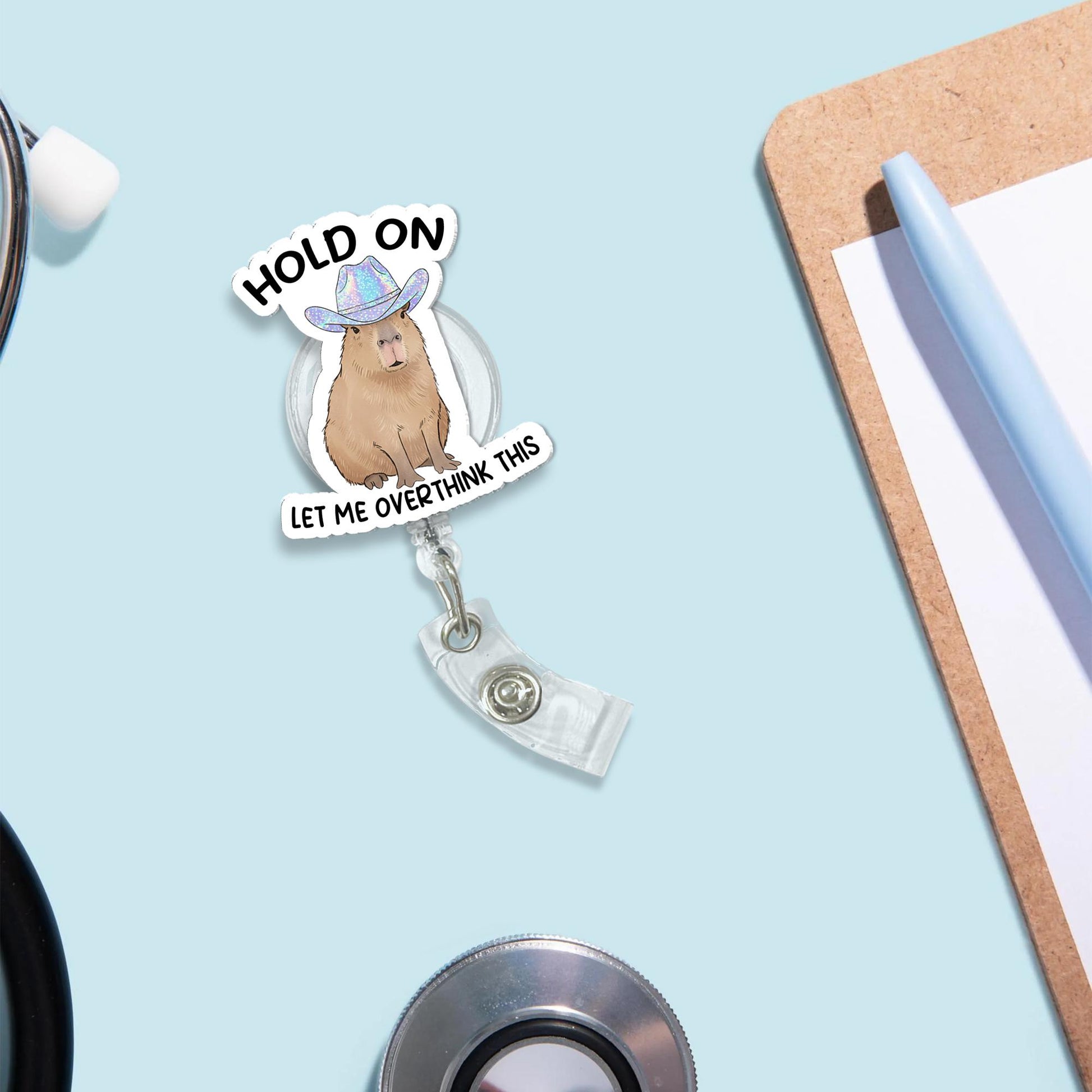 Funny Capybara Badge Reel, Holographic Cowgirl ID Holder, Overthinking Humor Nurse Badge Clip, Cute Work Accessory Gift, Capybara Lover Gift
