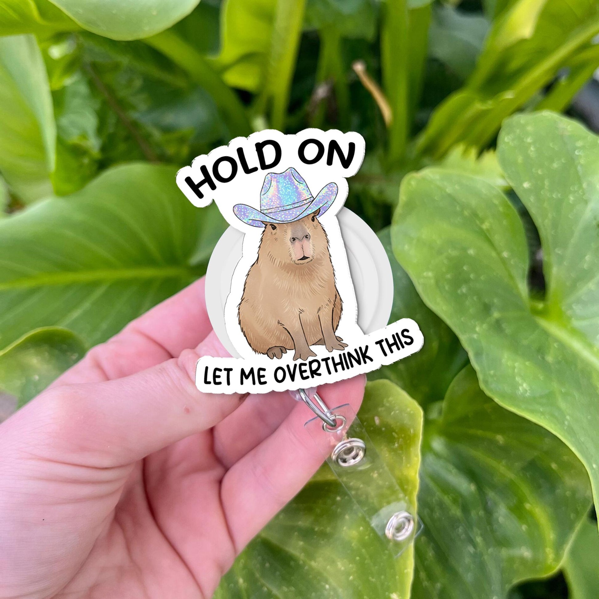 Funny Capybara Badge Reel, Holographic Cowgirl ID Holder, Overthinking Humor Nurse Badge Clip, Cute Work Accessory Gift, Capybara Lover Gift