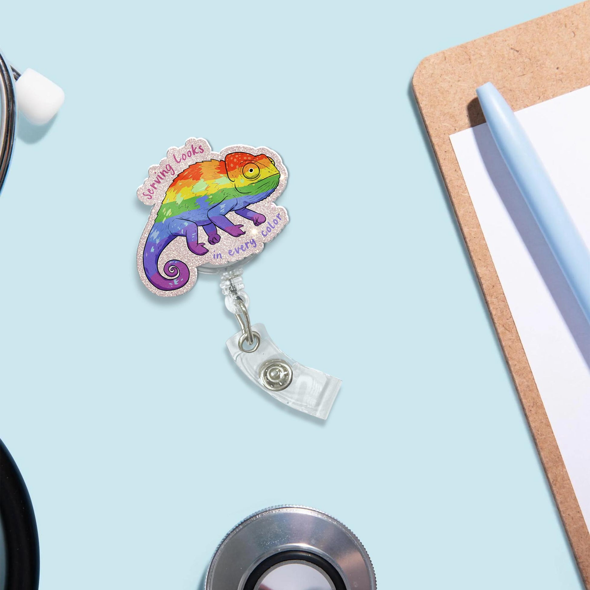 Rainbow Chameleon Badge Reel, LGBTQ Pride ID Holder, Funny Colorful Badge Clip, Cute Nurse Gift, Serving Looks Lanyard Accessory