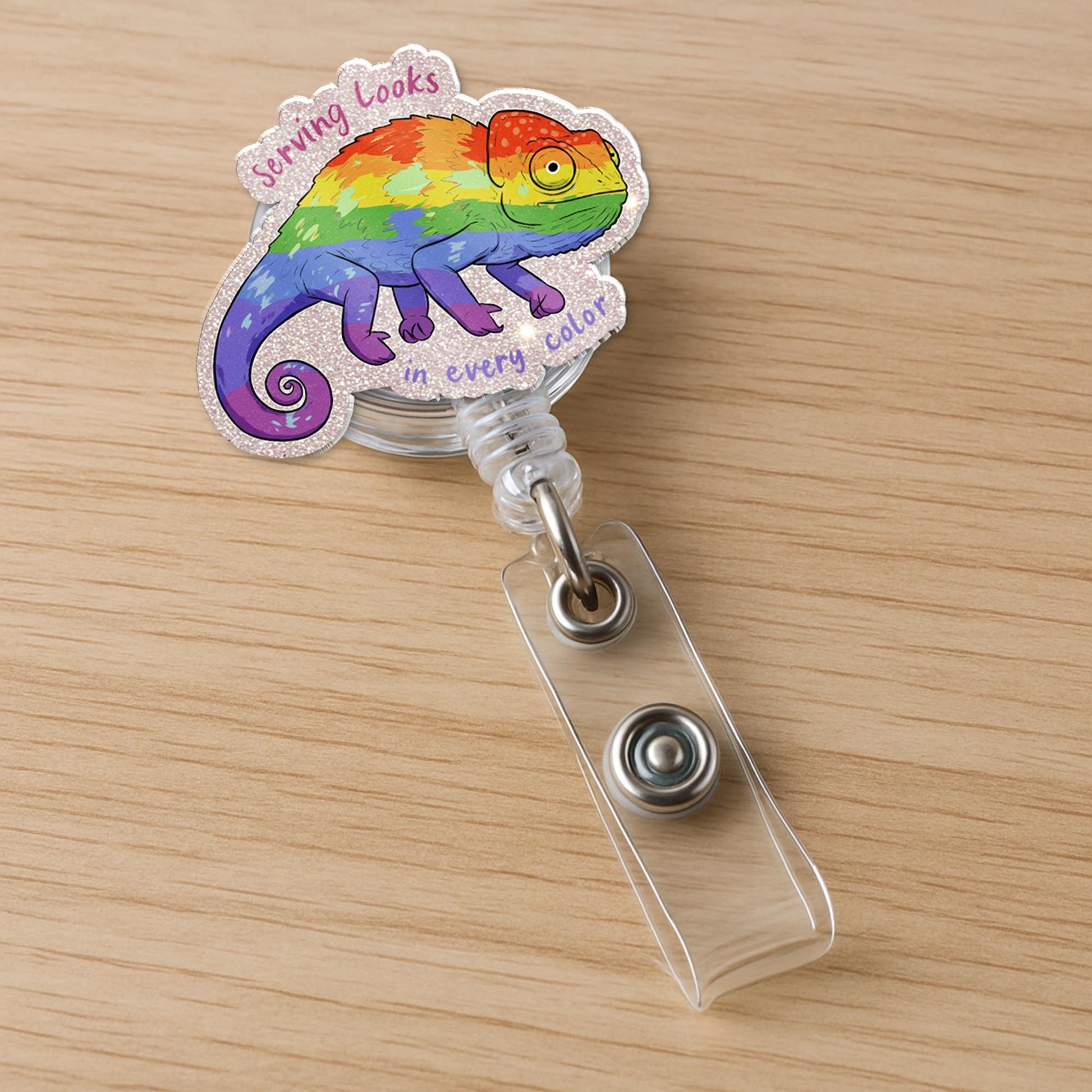 Rainbow Chameleon Badge Reel, LGBTQ Pride ID Holder, Funny Colorful Badge Clip, Cute Nurse Gift, Serving Looks Lanyard Accessory