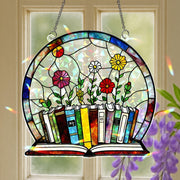 Books and Blooms Hologram Acrylic Window Hanging – Floral Library Decor, Book Lover Gift, Colorful Holographic Hanging for Reading Nooks