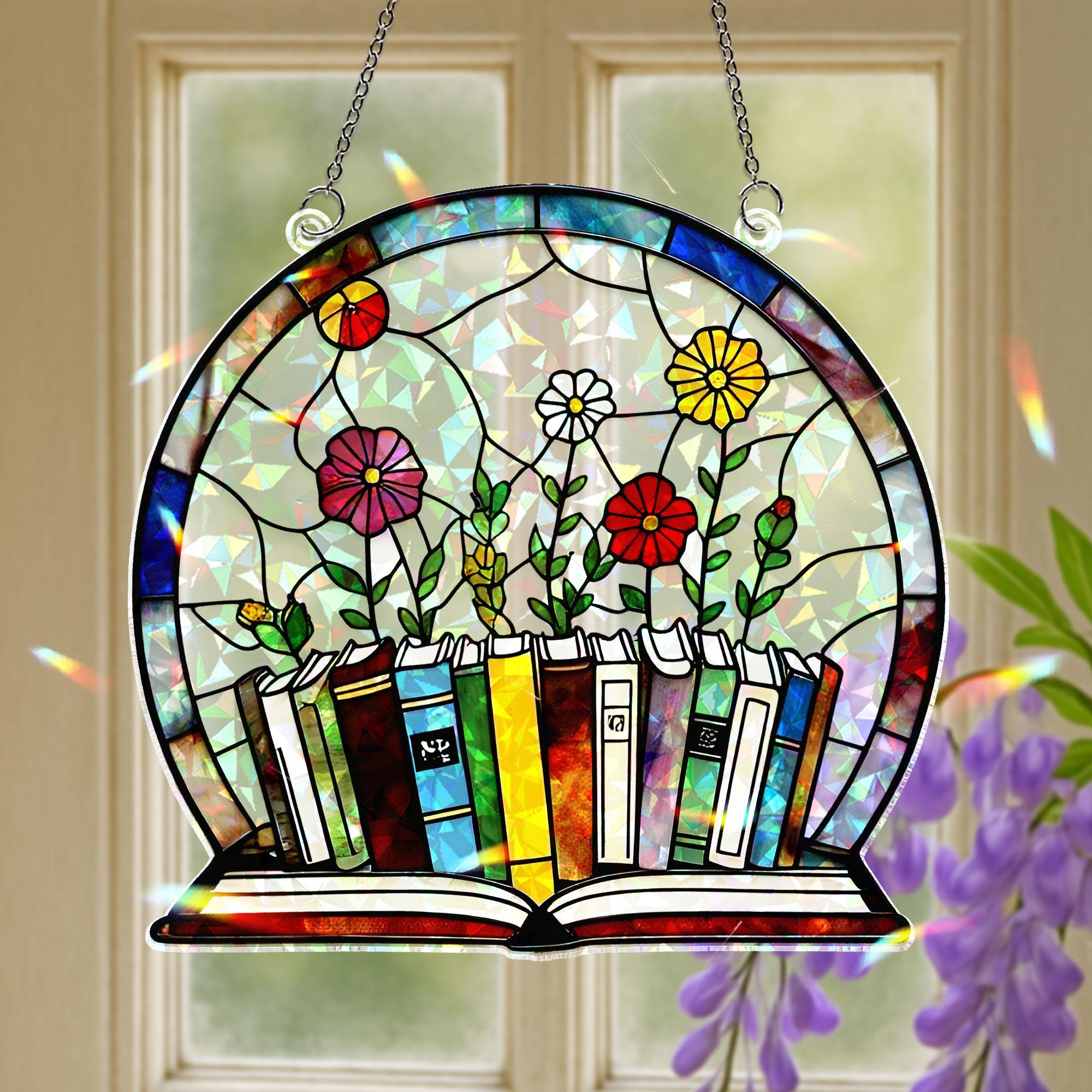 Books and Blooms Hologram Acrylic Window Hanging – Floral Library Decor, Book Lover Gift, Colorful Holographic Hanging for Reading Nooks