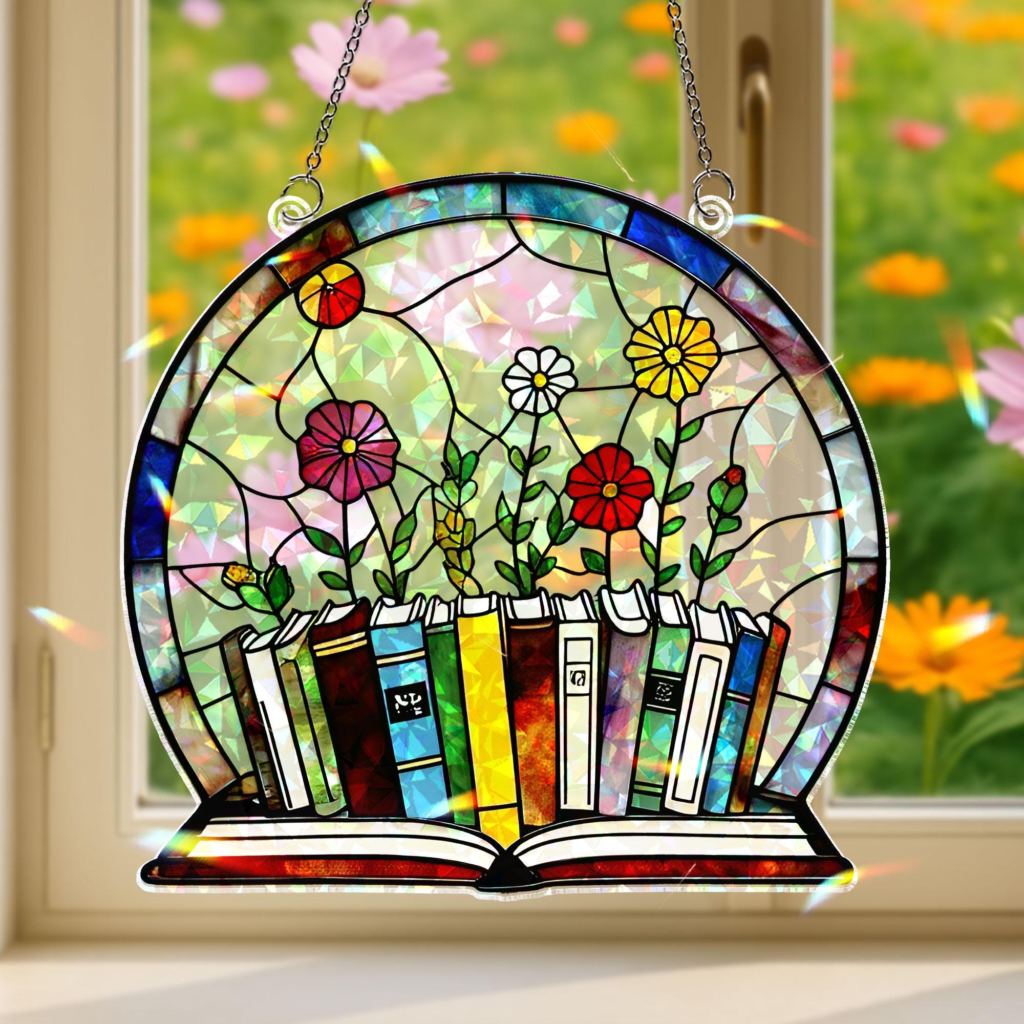 Books and Blooms Hologram Acrylic Window Hanging – Floral Library Decor, Book Lover Gift, Colorful Holographic Hanging for Reading Nooks