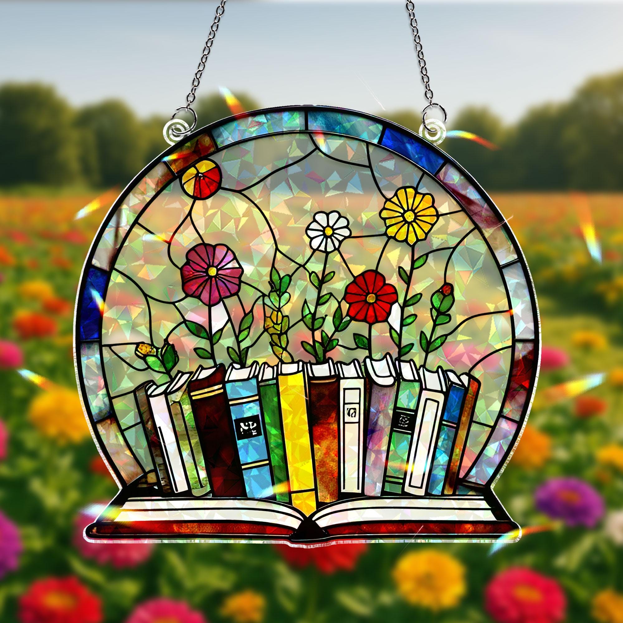 Books and Blooms Hologram Acrylic Window Hanging – Floral Library Decor, Book Lover Gift, Colorful Holographic Hanging for Reading Nooks