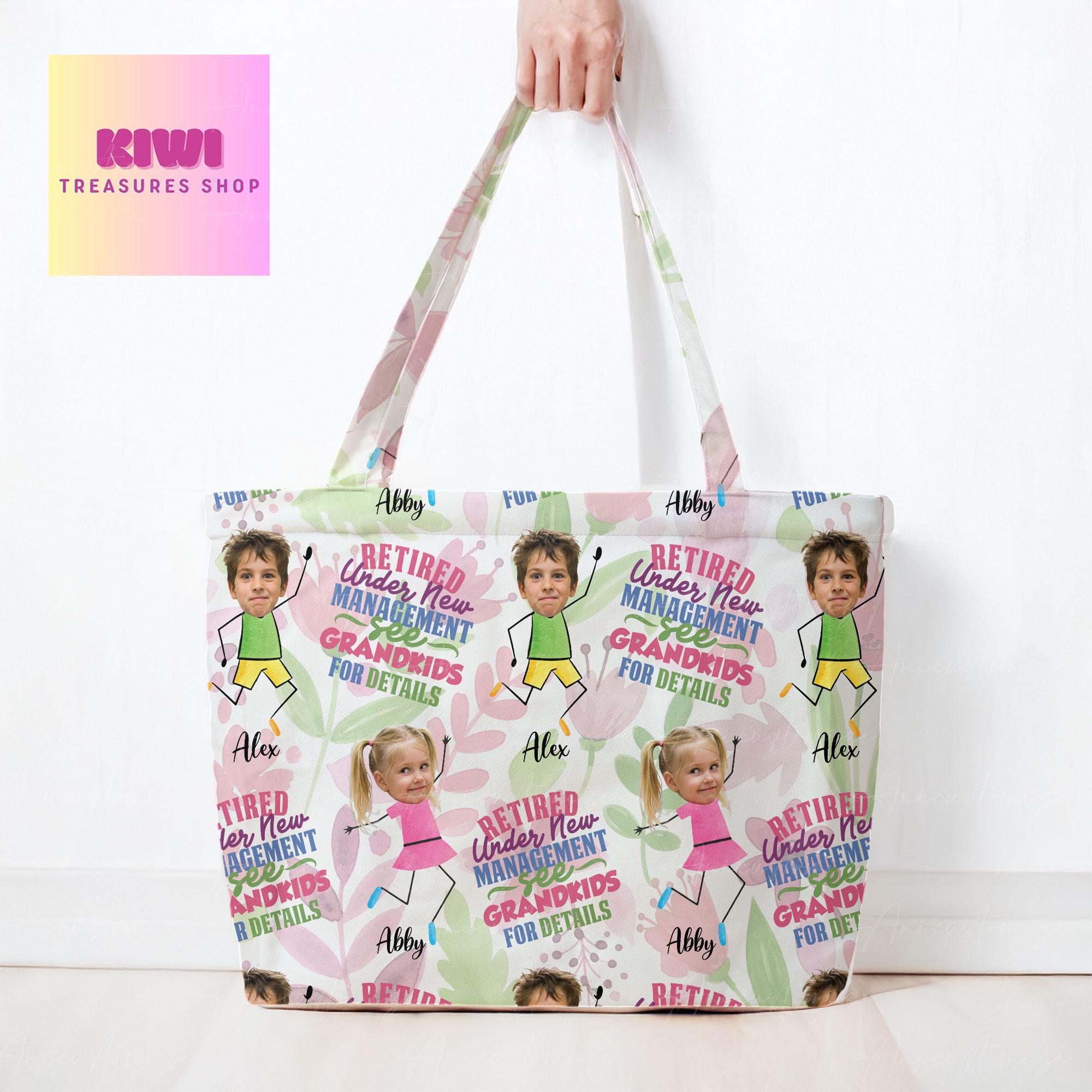 Custom Grandkid Face Tote – “Retired Under New Management” Bag, Funny Grandma Retirement Gift, Personalized Grandkids Photo bag