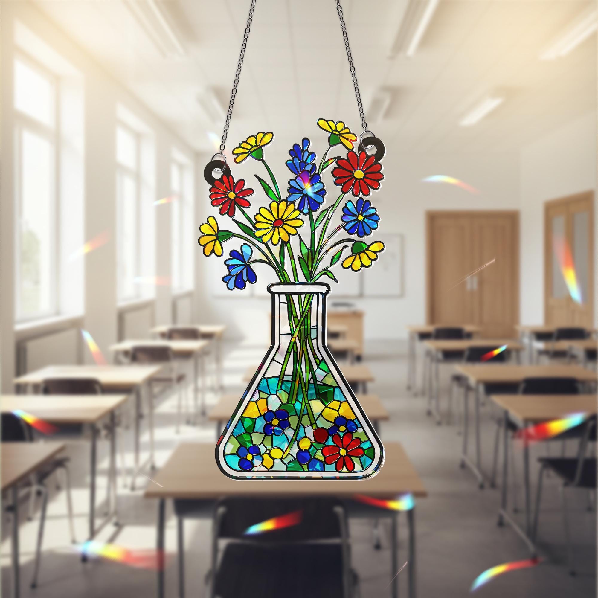 Floral Beaker Holographic Acrylic Suncatcher, Science Teacher Gift, Unique Teacher Present, Science Flower Art Decor, Lab Gift for Botanist