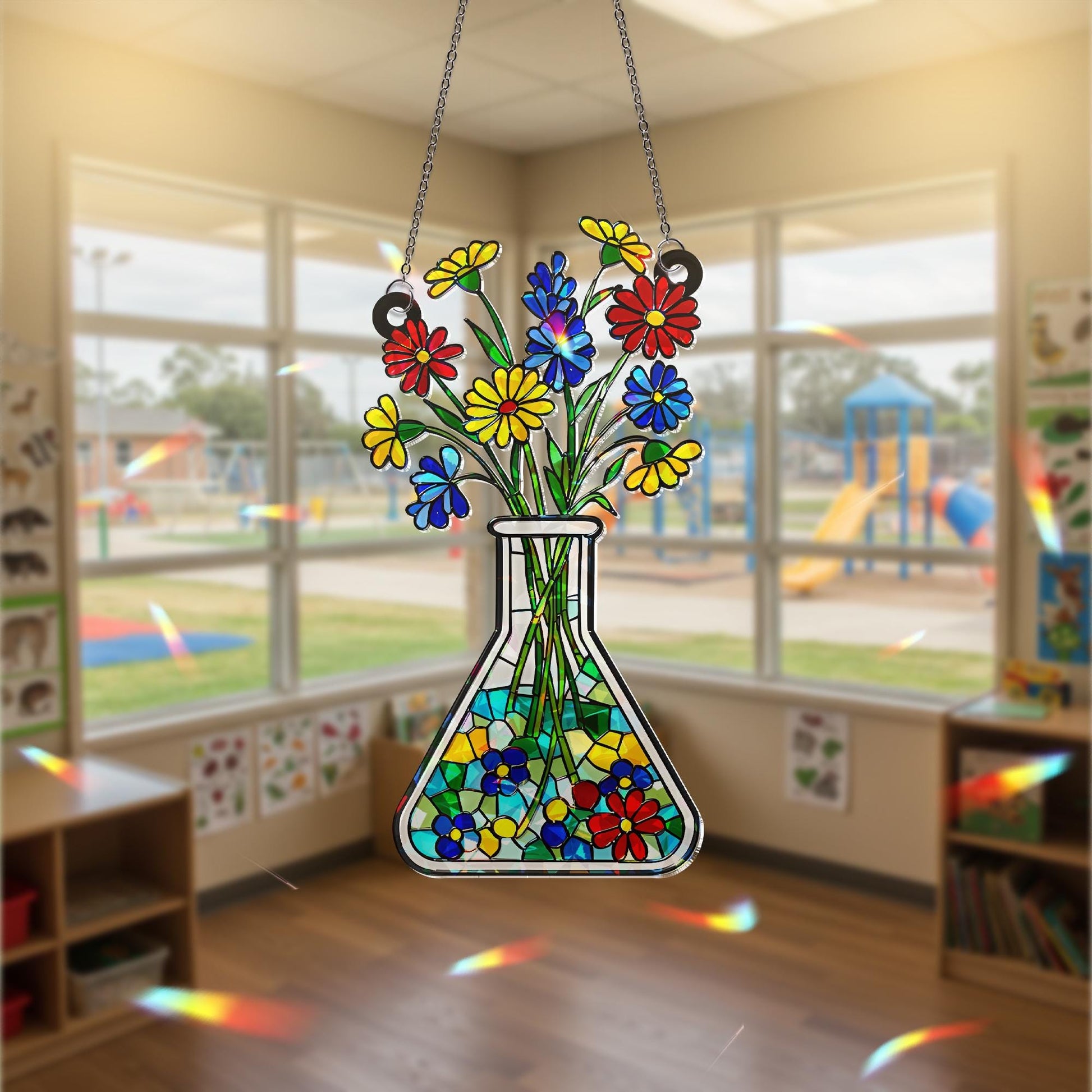 Floral Beaker Holographic Acrylic Suncatcher, Science Teacher Gift, Unique Teacher Present, Science Flower Art Decor, Lab Gift for Botanist