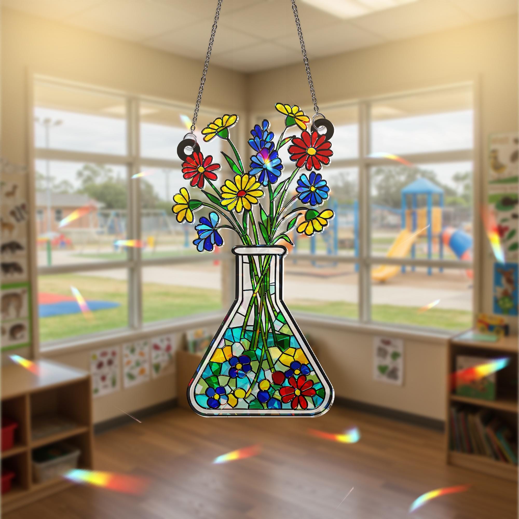 Floral Beaker Holographic Acrylic Suncatcher, Science Teacher Gift, Unique Teacher Present, Science Flower Art Decor, Lab Gift for Botanist