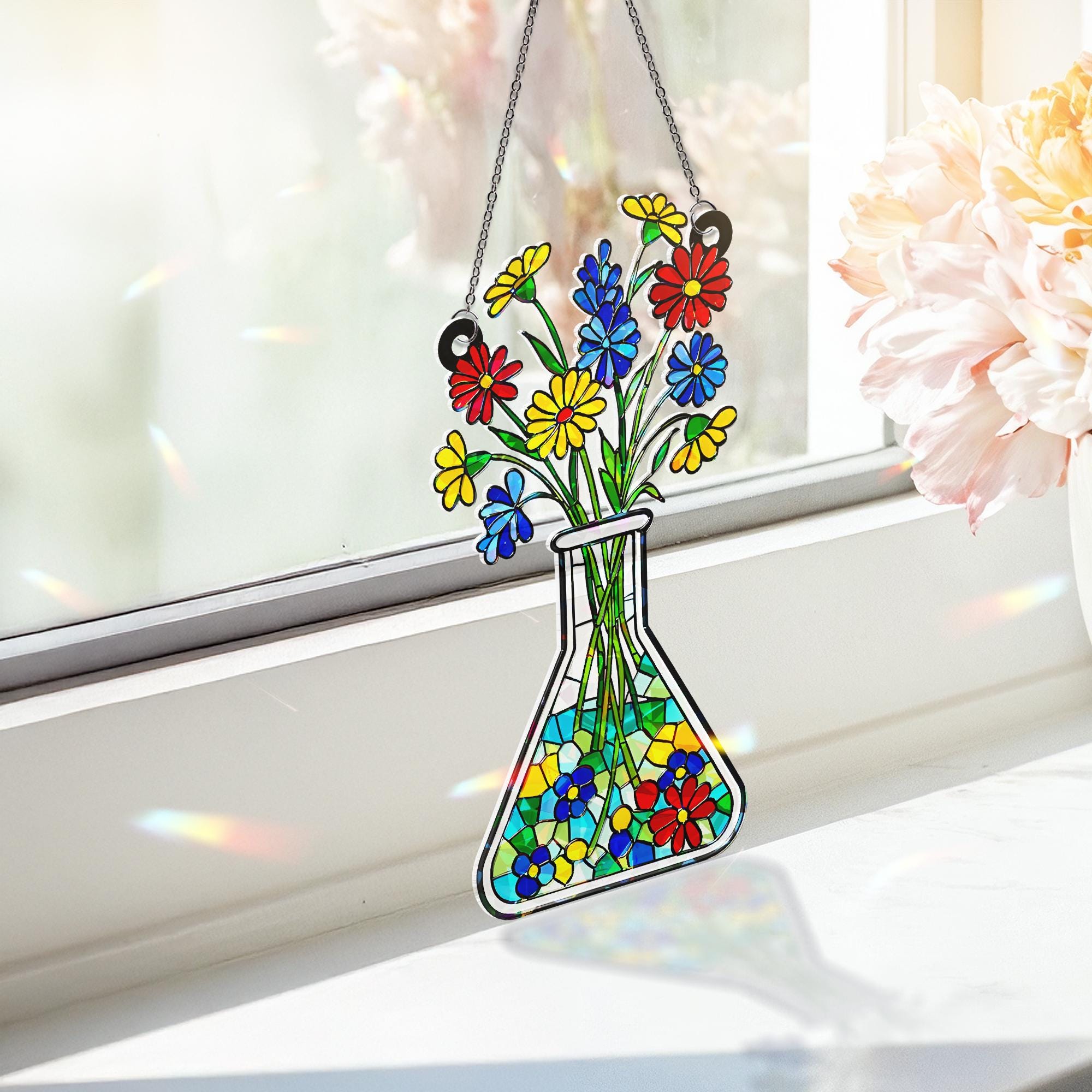 Floral Beaker Holographic Acrylic Suncatcher, Science Teacher Gift, Unique Teacher Present, Science Flower Art Decor, Lab Gift for Botanist