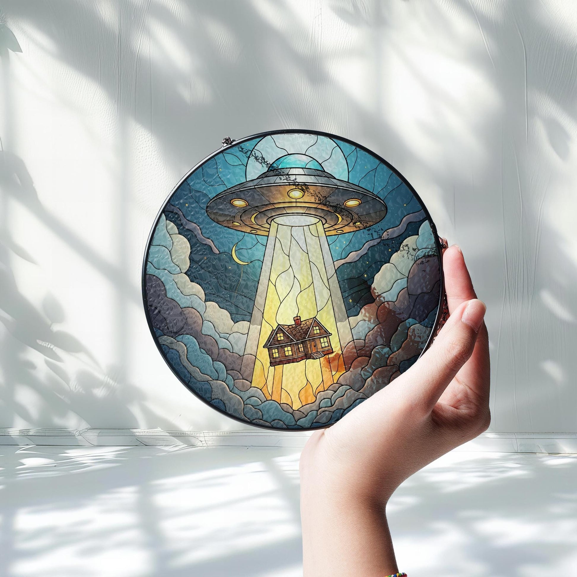 Funny UFO Abducted House Glass Suncatcher – Whimsical Home Decor – Mother's Day Gift – Quirky Window Hanging for Alien Lovers