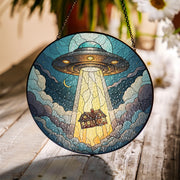 Funny UFO Abducted House Glass Suncatcher – Whimsical Home Decor – Mother's Day Gift – Quirky Window Hanging for Alien Lovers