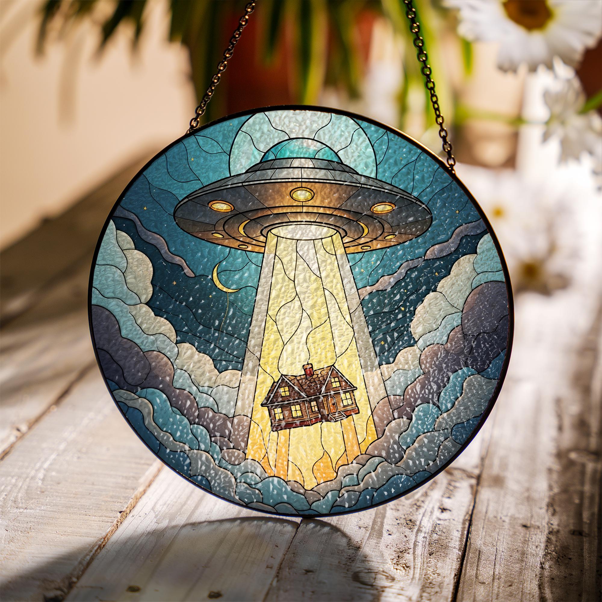 Funny UFO Abducted House Glass Suncatcher – Whimsical Home Decor – Mother's Day Gift – Quirky Window Hanging for Alien Lovers