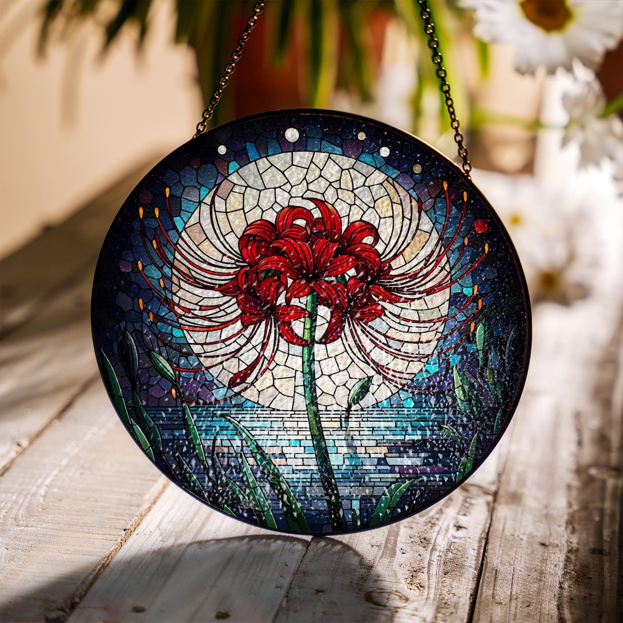 Spider Lily Glass Suncatcher – Elegant Floral Window Decor – Perfect Mother's Day Gift – Botanical Home Accent